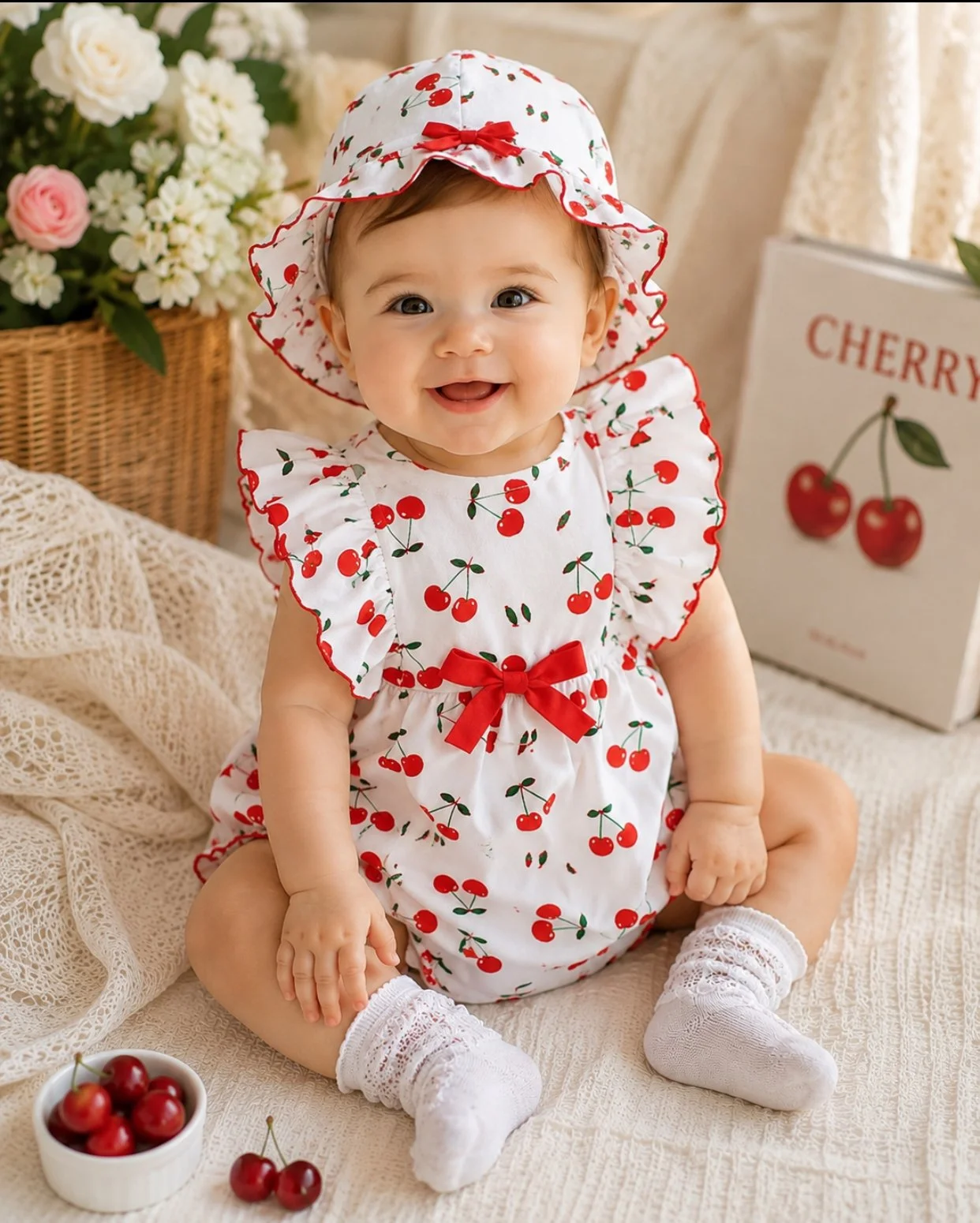 Sweet Cherry Baby Romper & Hat Set