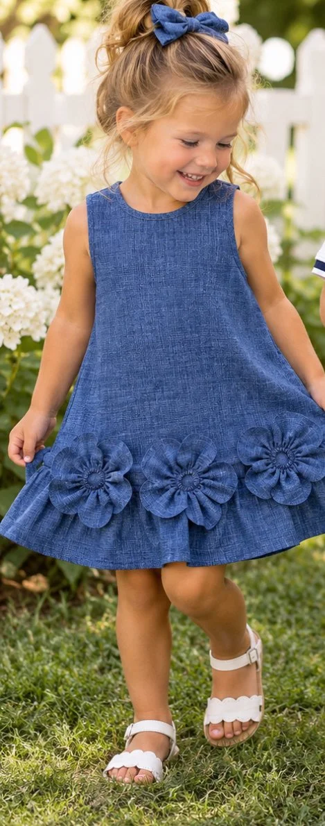 Charming Blue Floral Shift Dress for Girls