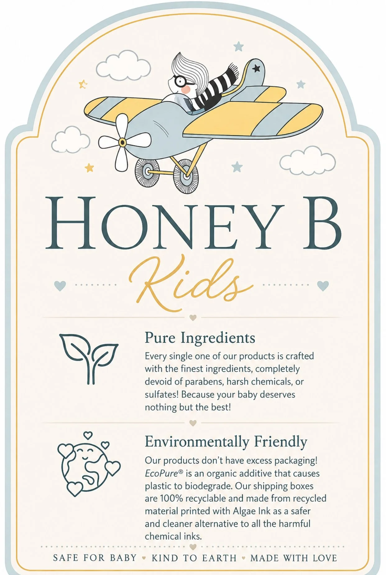 Packaging design for Honey B Kids, featuring an illustration of a girl flying an airplane, text about natural ingredients and environmental friendliness, and decorative elements like clouds, stars, and hearts.