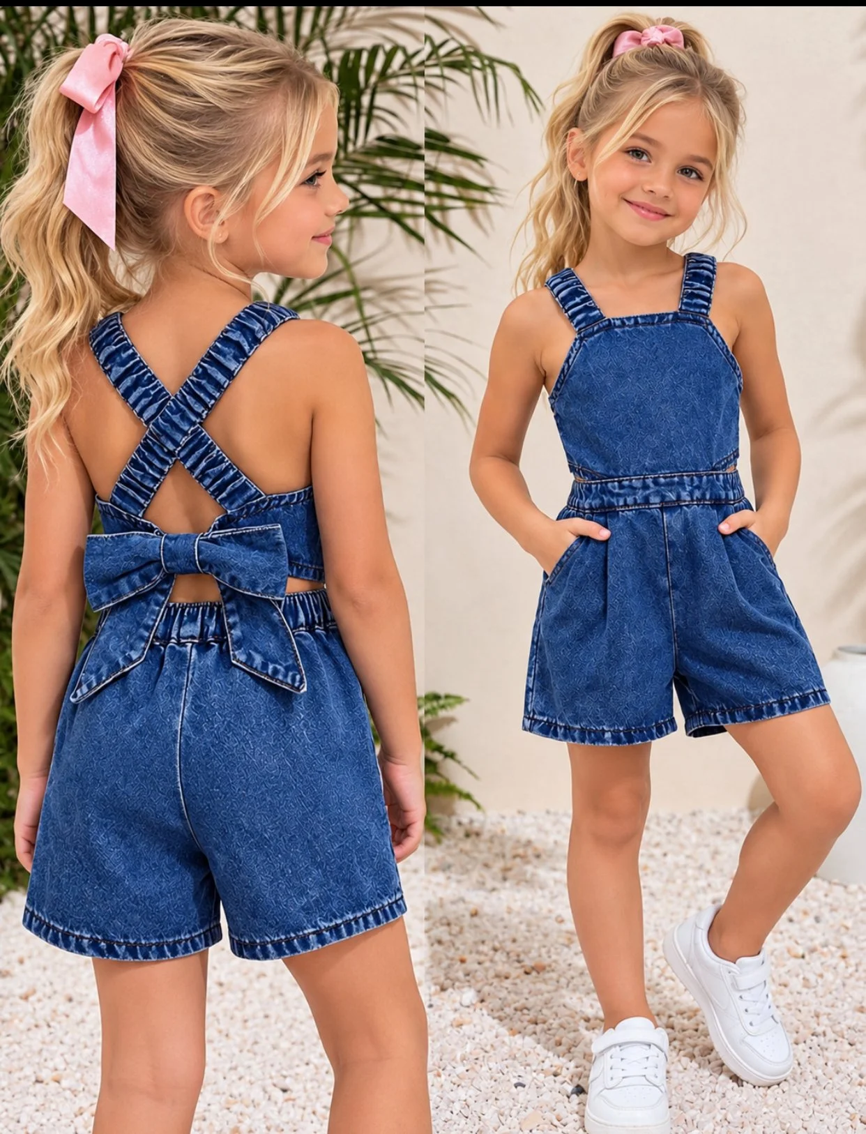 Chic Denim Romper for Girls with Bow Detail