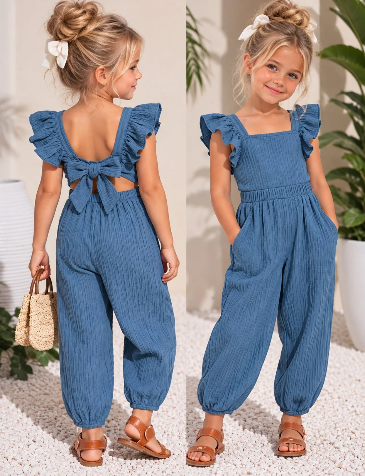 Flutter Sleeve Bow Back Girls' Romper