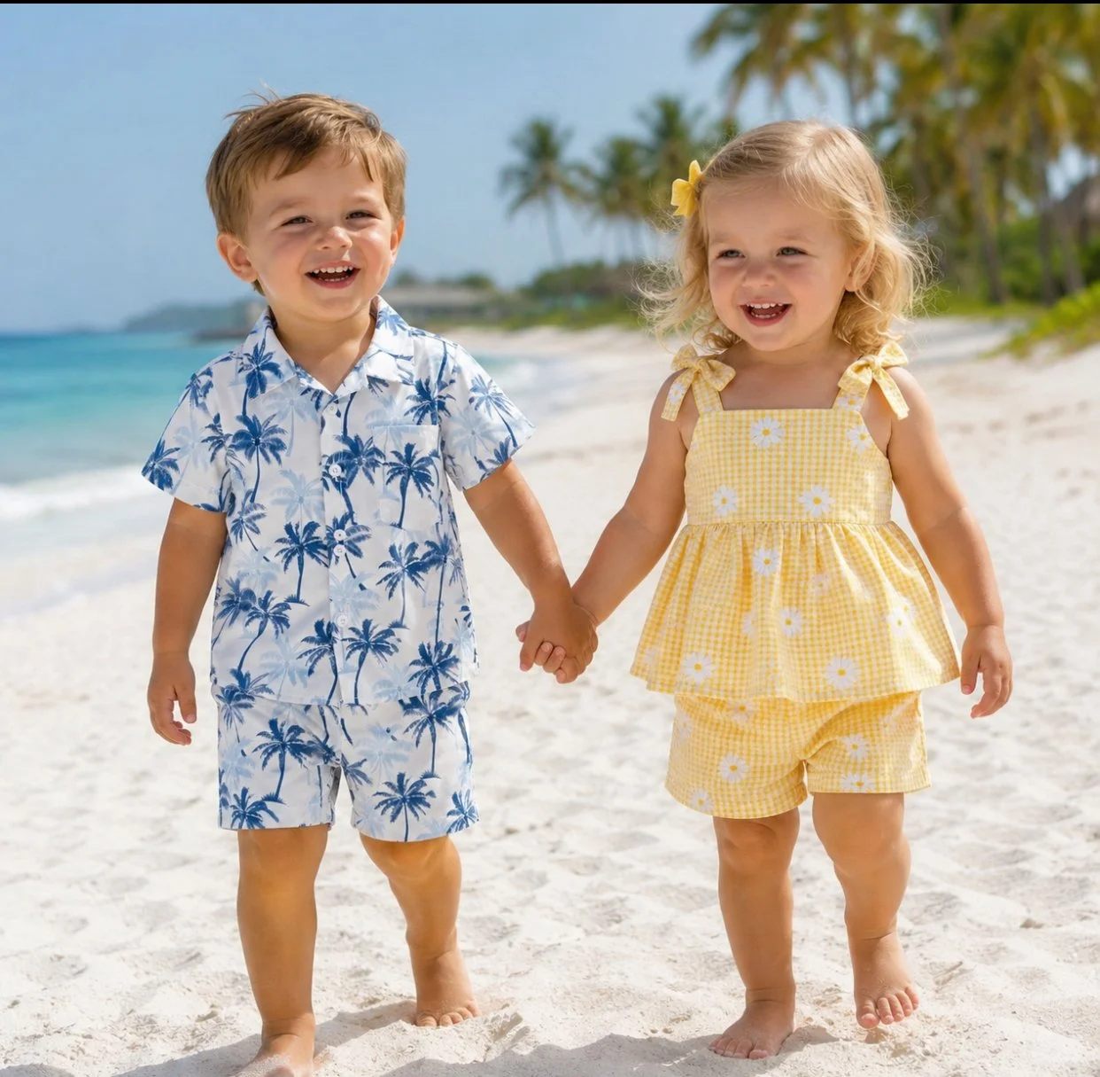 Two young children, a boy and a girl, holding hands and walking on a sandy beach with palm trees and ocean in the background.