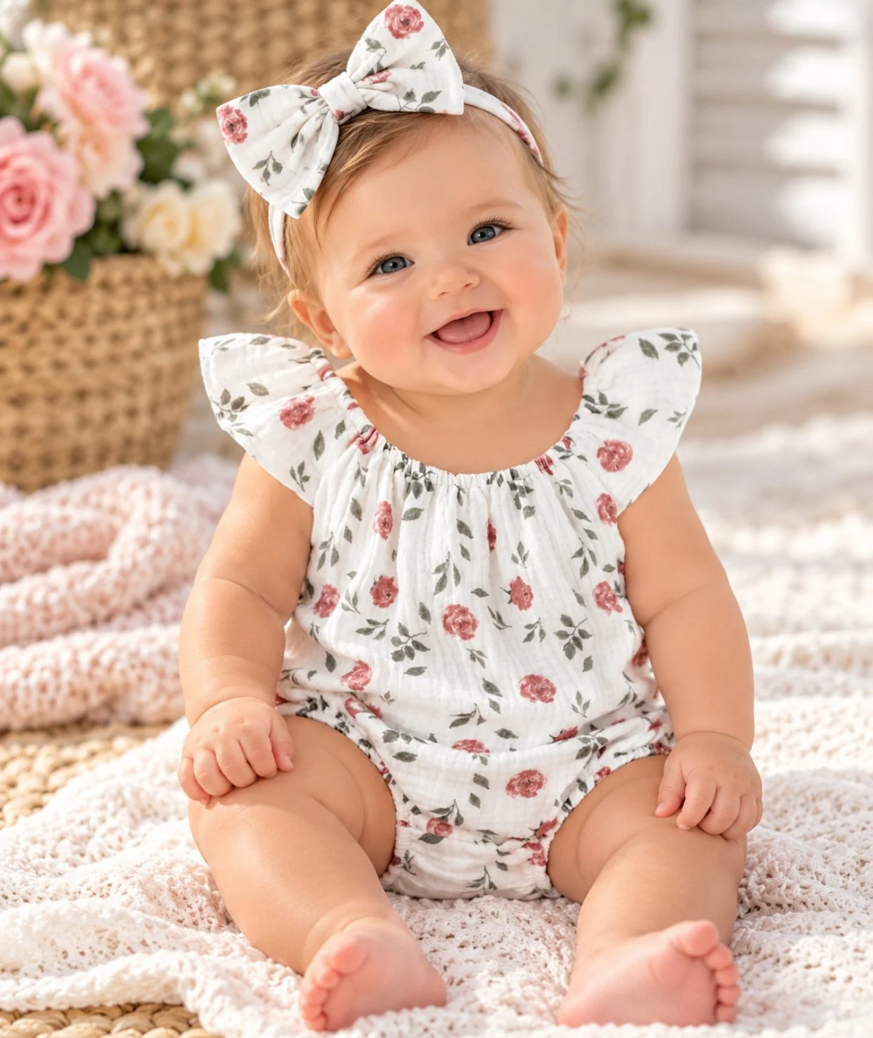 Baby Girl Rose Romper with Matching Headband
