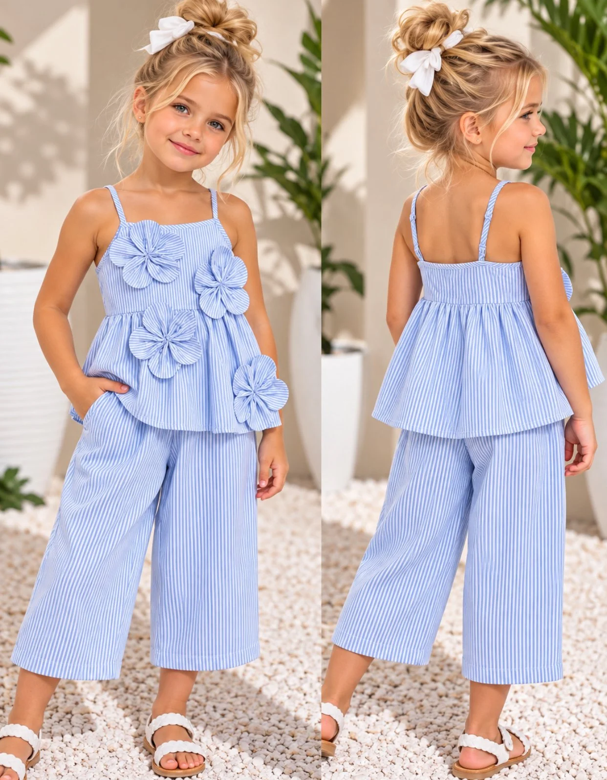 Charming Girls' Striped Flower Pants Set
