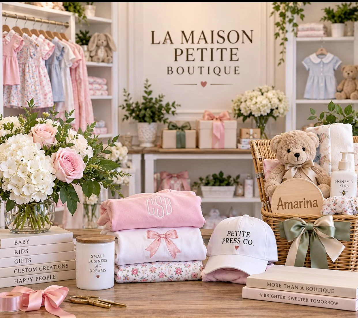 Display of children's clothing, toys, and gifts in a boutique store with floral arrangements and a sign reading 'La Maison Petite Boutique'