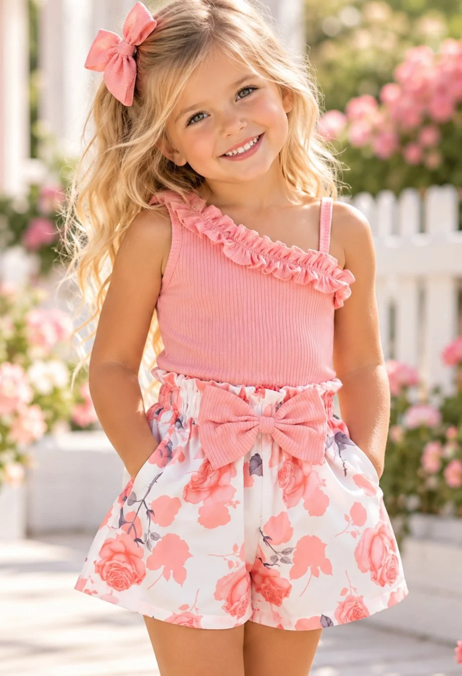 Ruffled Asymmetrical Floral Summer Short Set