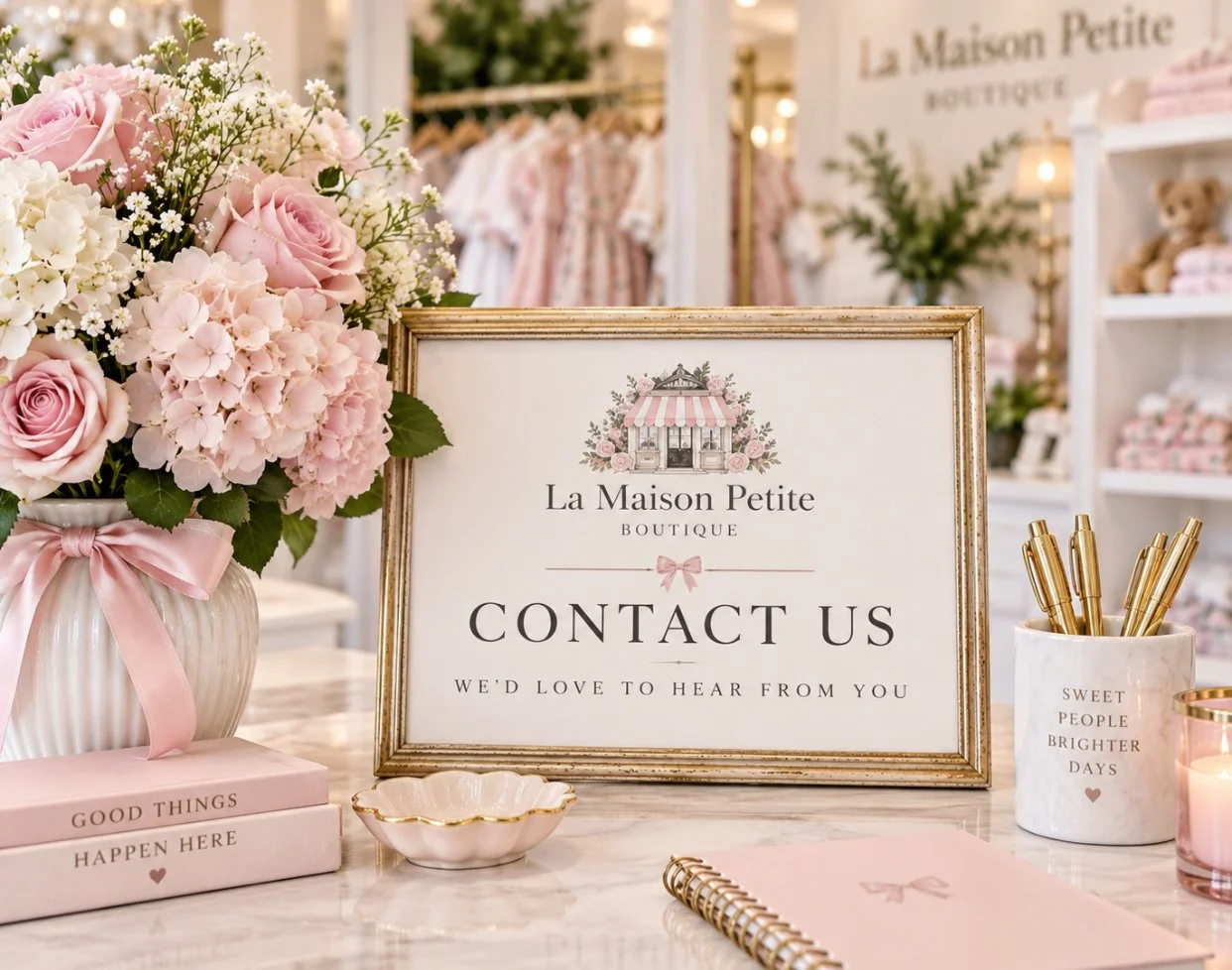 A sign reading 'Contact Us' from La Maison Petite Boutique, surrounded by pink and white flowers, gold pens, and pink notebooks in a boutique store with clothing and accessories in the background.