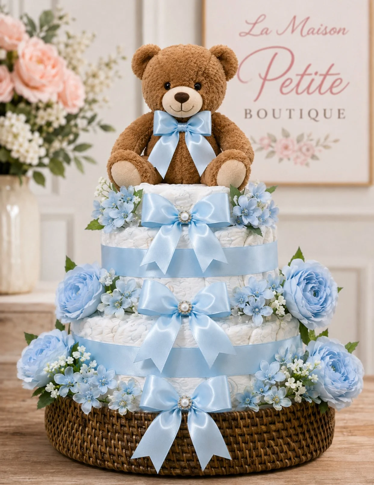 Blue Teddy Bear Diaper Cake