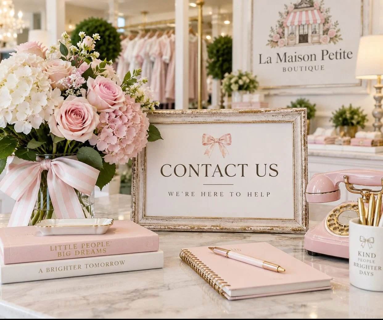 A reception area at La Maison Petite Boutique with a bouquet of pink and white flowers, a contact us sign, pink rotary phone, closed pink notebook with gold pen, and decorative books, all in a pastel pink and white theme.