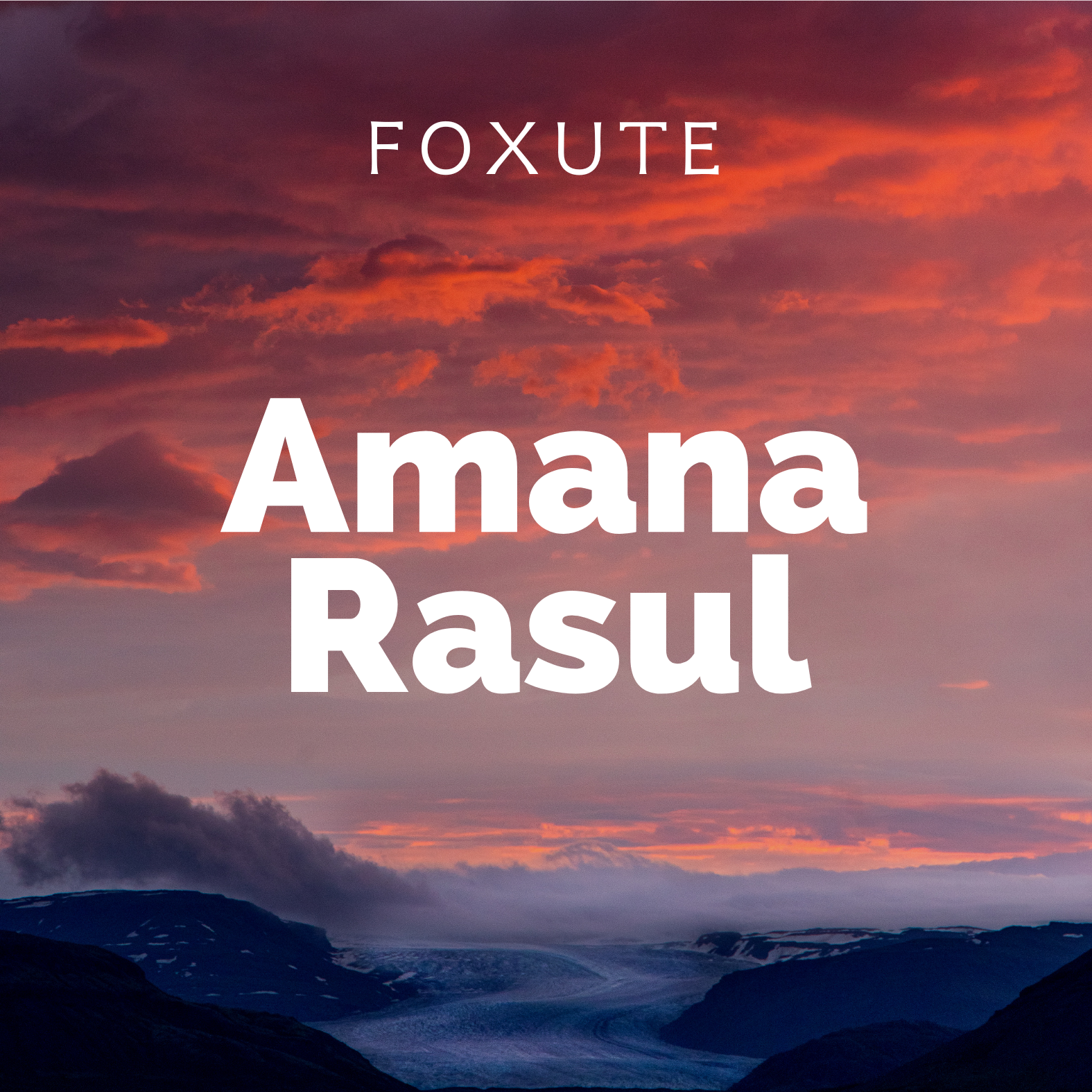 Sunset sky over a mountainous landscape with glaciers and clouds, featuring pink and purple hues.