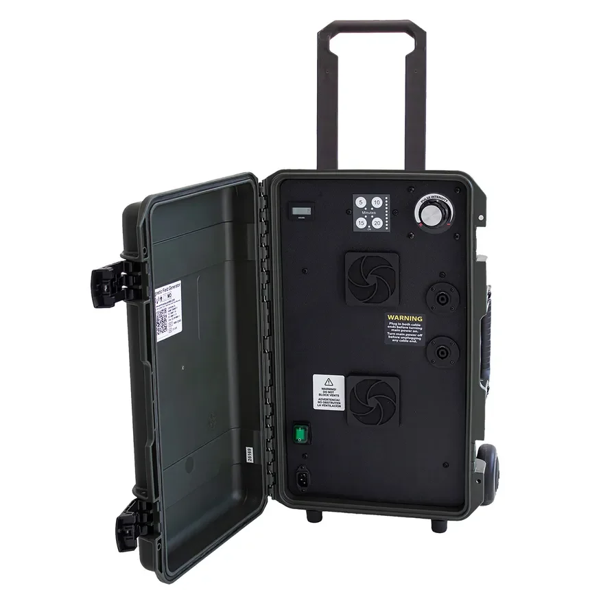 A black outdoor timer box with a handle, digital timer controls, and ventilation fans inside.