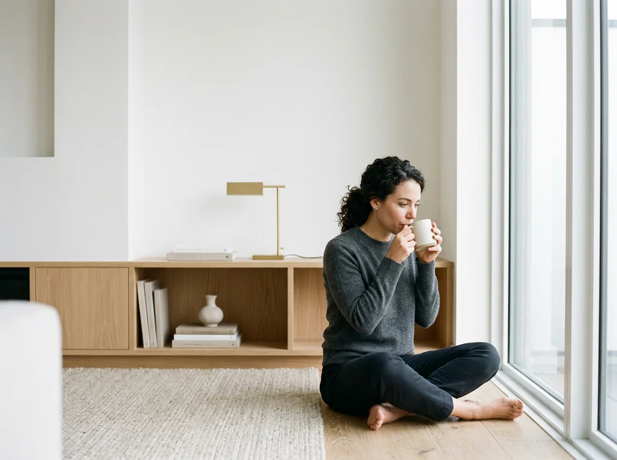 A woman with dark curly hair sits on the wooden floor inside a modern, minimalistic room, drinking from a white mug next to large glass sliding doors.