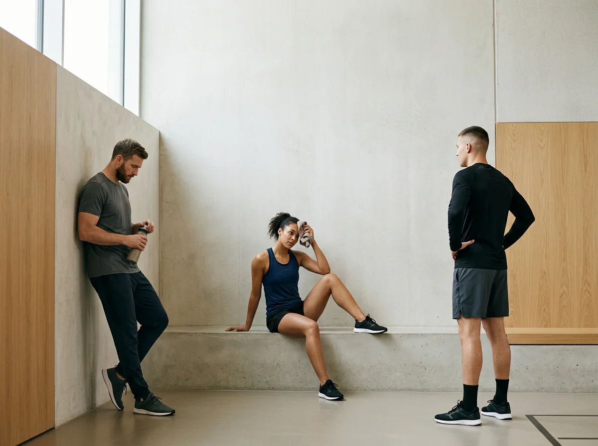 Three people in athletic clothing resting in a modern gym. One woman is sitting on a bench, holding a towel to her forehead. Two men are leaning against the walls, one with a water bottle, and the other standing with hands on hips.