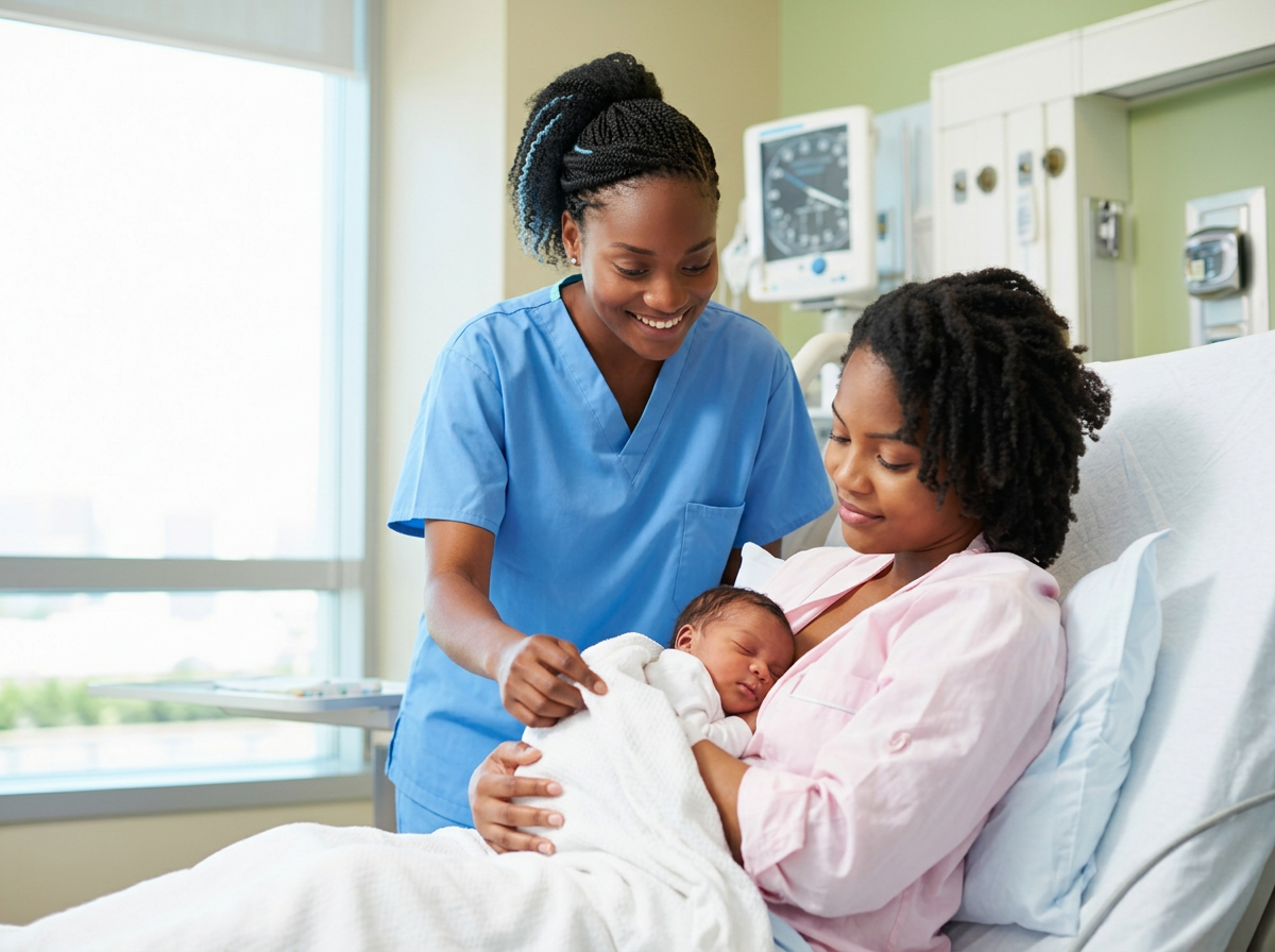 Nurse presenting newborn baby wrapped in a white blanket to mother in a hospital room.