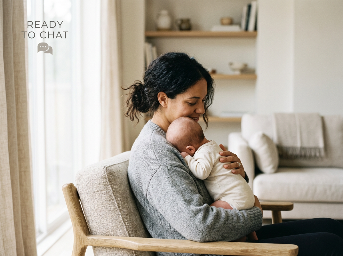 A woman sitting on a beige armchair in a living room, holding a baby near her chest and smiling. The room has neutral decor with a couch and bookshelves in the background.