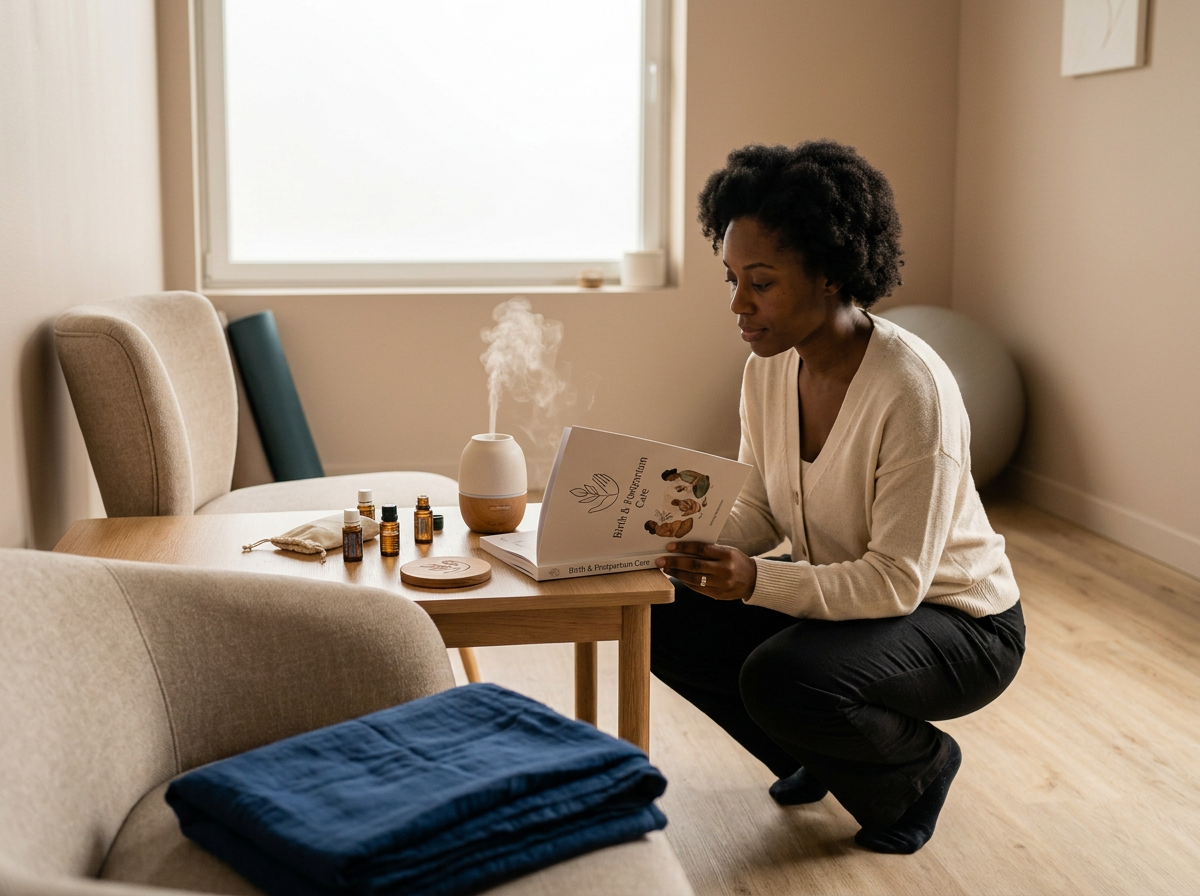 A woman sitting on a chair reading an herbal medicine book at a wooden table with essential oils and a diffuser emitting steam, in a cozy room with a window, beige walls, and a beige armchair with folded blue blankets.