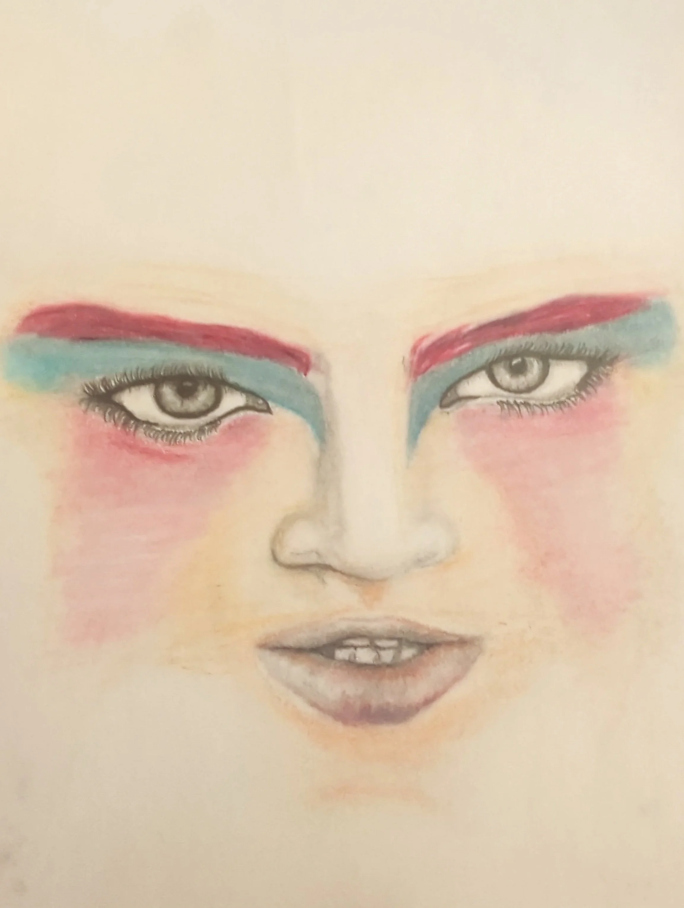 Close-up of a woman with colorful makeup and serious stare looking directly at the camera.