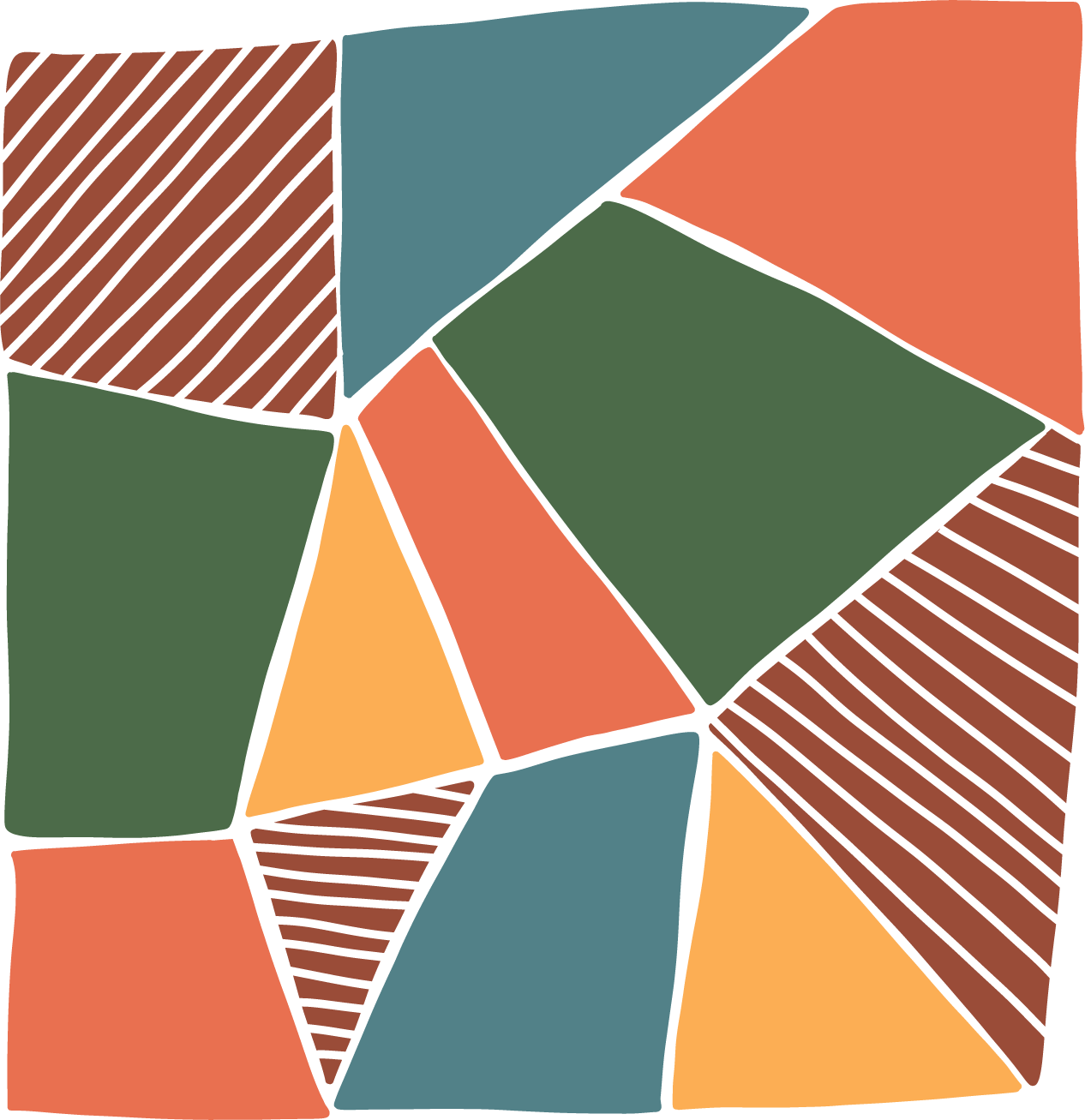 Colorful abstract illustration with intersecting irregular shapes in green, orange, blue, yellow, and red with black outlines and some filled with hatched patterns.