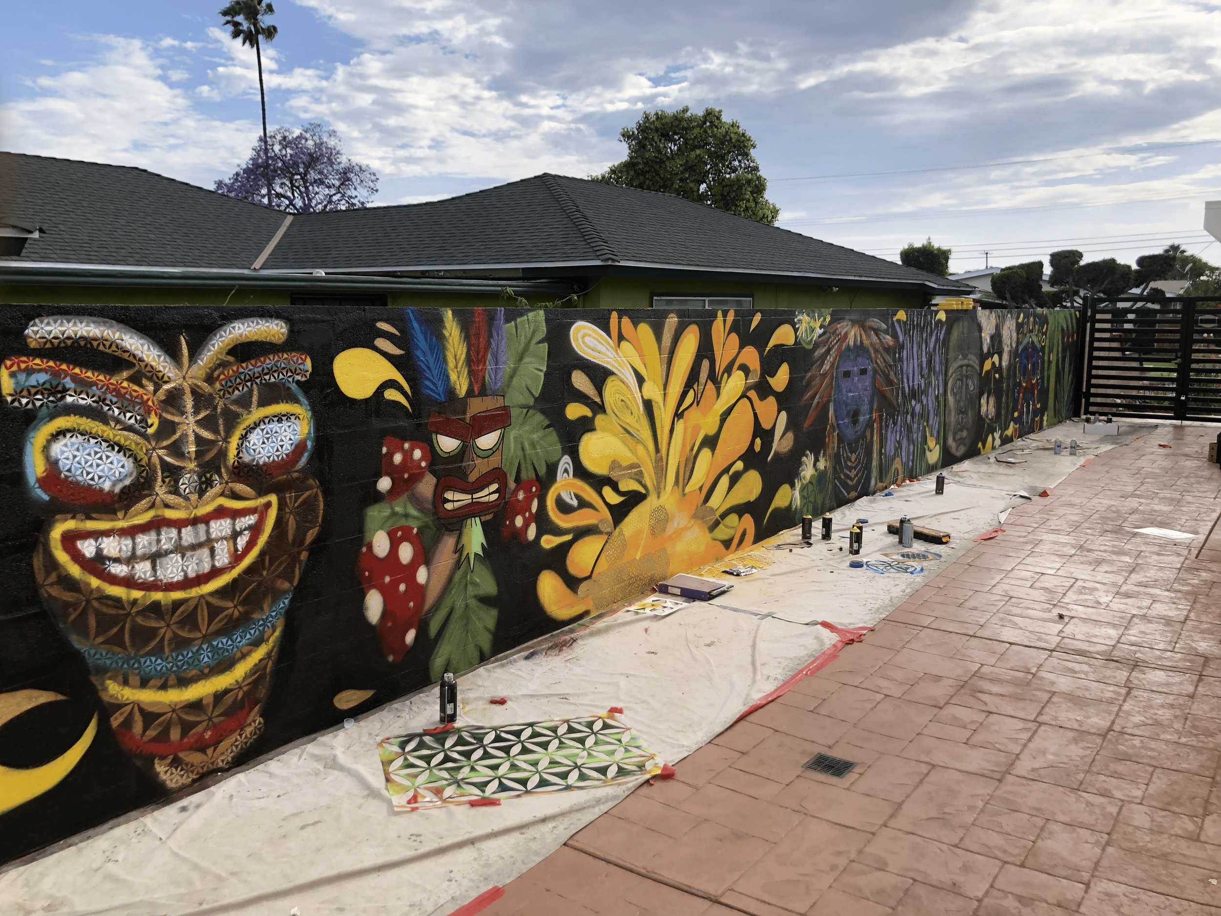 Colorful mural artwork painted on a long outdoor wall, featuring various abstract and stylized faces, patterns, and vibrant elements. The wall is situated in a backyard with a roofed house, trees, and a partly cloudy sky in the background.