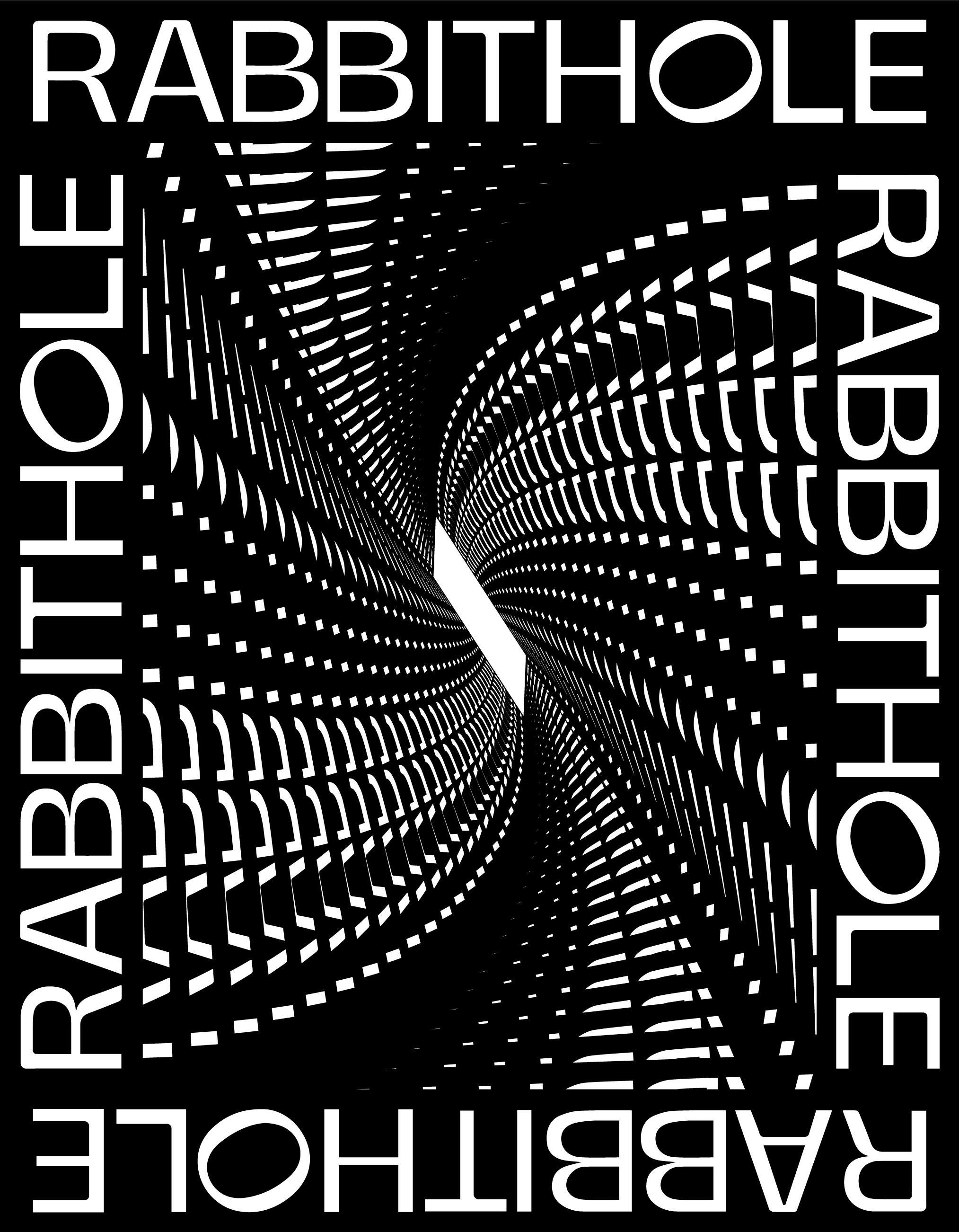 Black-and-white RABBITHOLE portal graphic forming an immersive optical tunnel.
