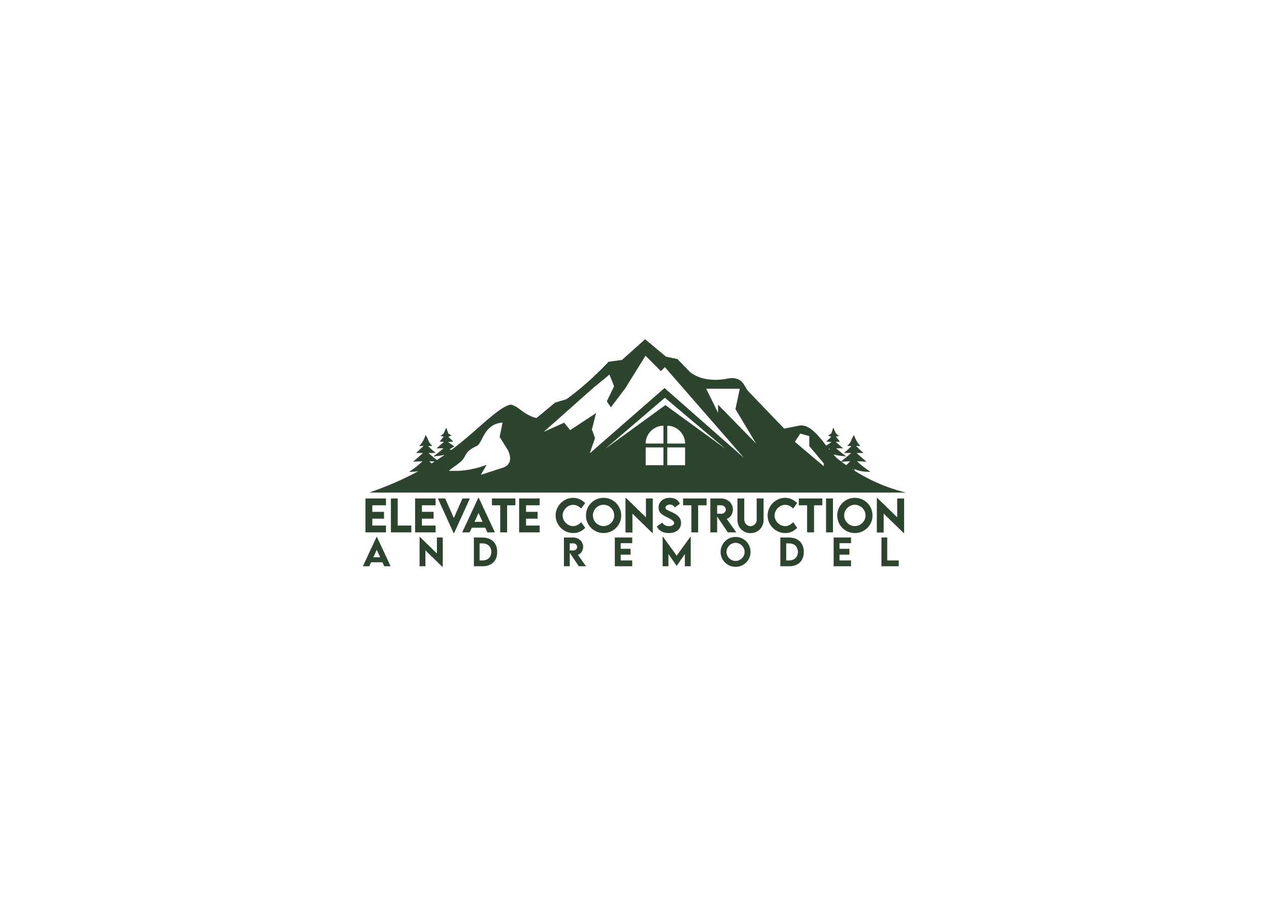Logo for Elevate Construction and Remodel featuring mountain peaks, a house window, and trees, with the company name below.