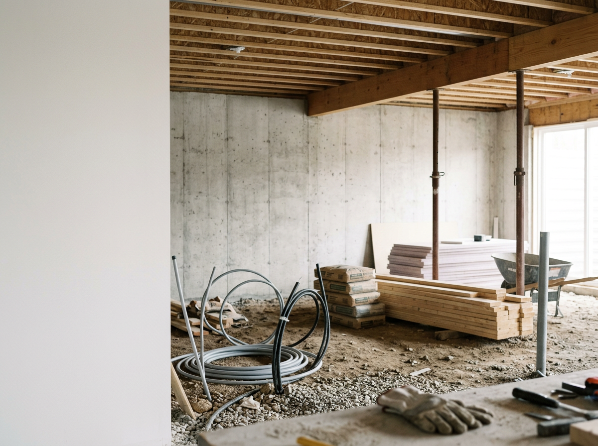 Interior of a building under construction with wooden beams, concrete walls, stacked lumber, and construction tools.