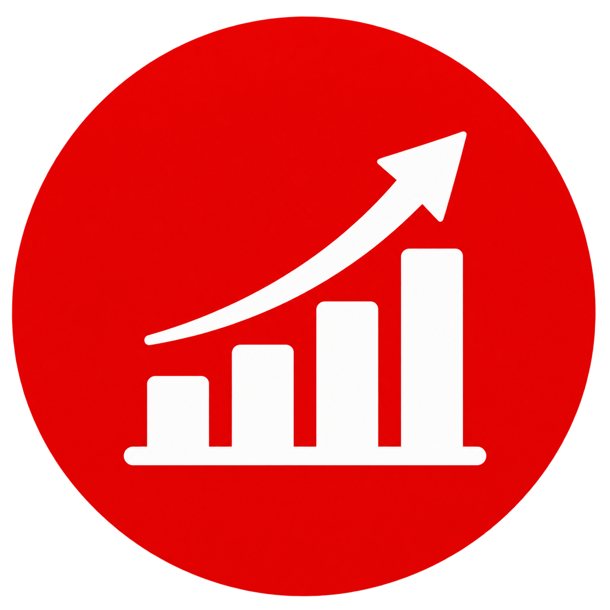 A red circular icon with a white bar chart and an upward arrow indicating growth or progress.
