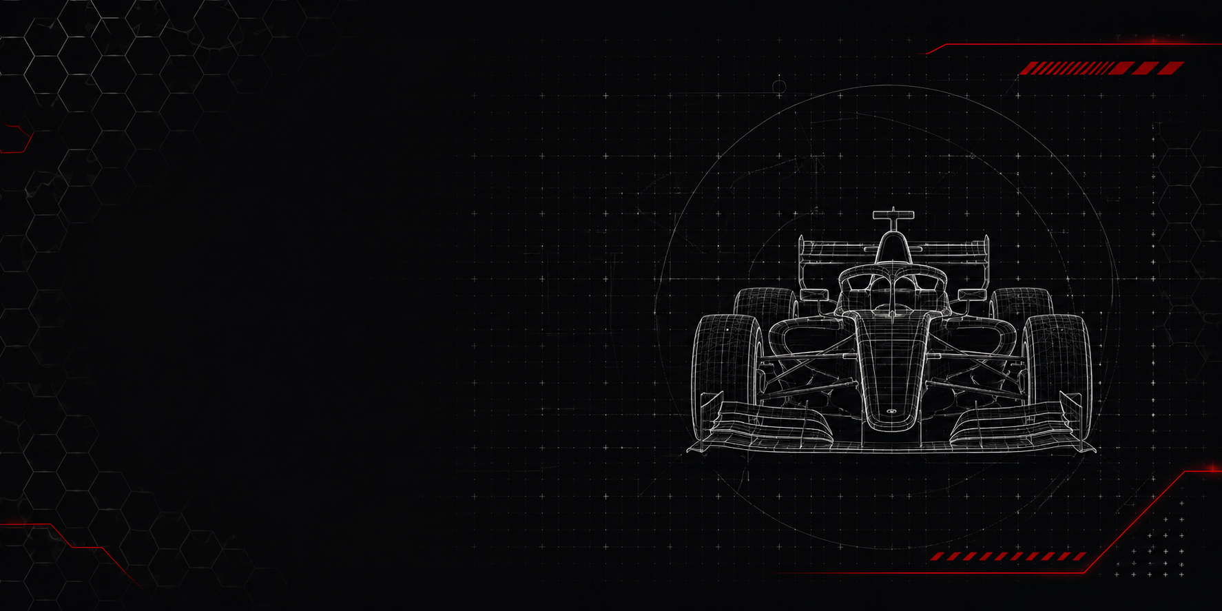 A digital wireframe of a racing car on a dark background with hexagonal and grid patterns, and red highlighted corners.