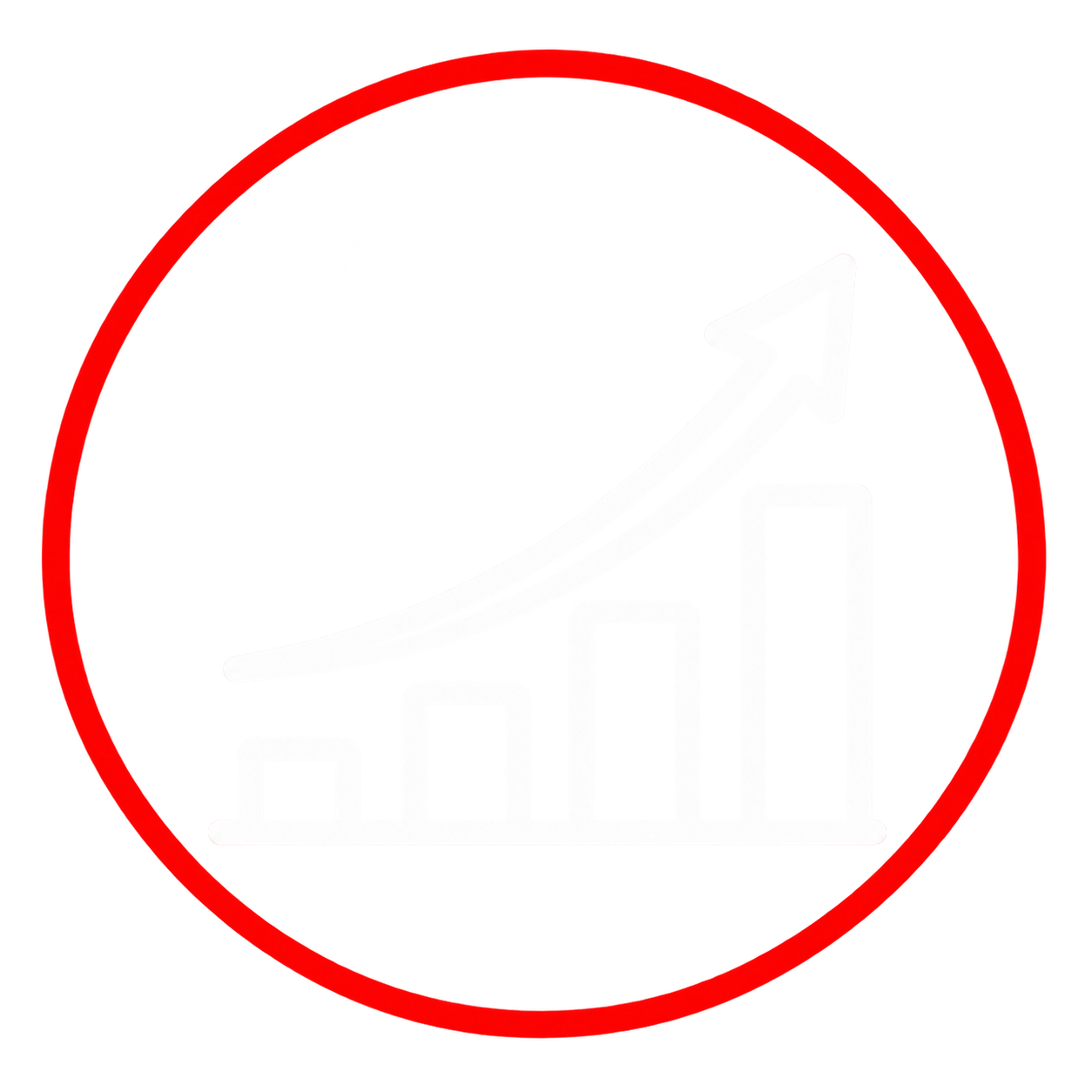 Red circular background with a white upward arrow and a bar chart inside the arrow.