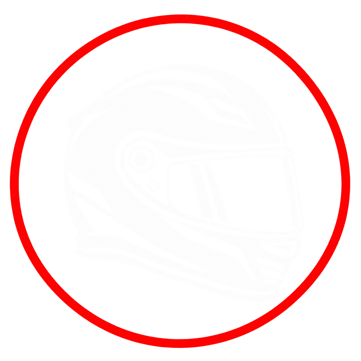 Outline of a motorcycle helmet with a black visor, inside a red circular border.