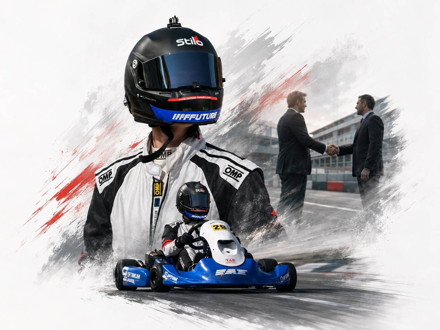 A race car driver in a racing suit and helmet standing with a go-kart, with a background of two businessmen shaking hands near a racing track.
