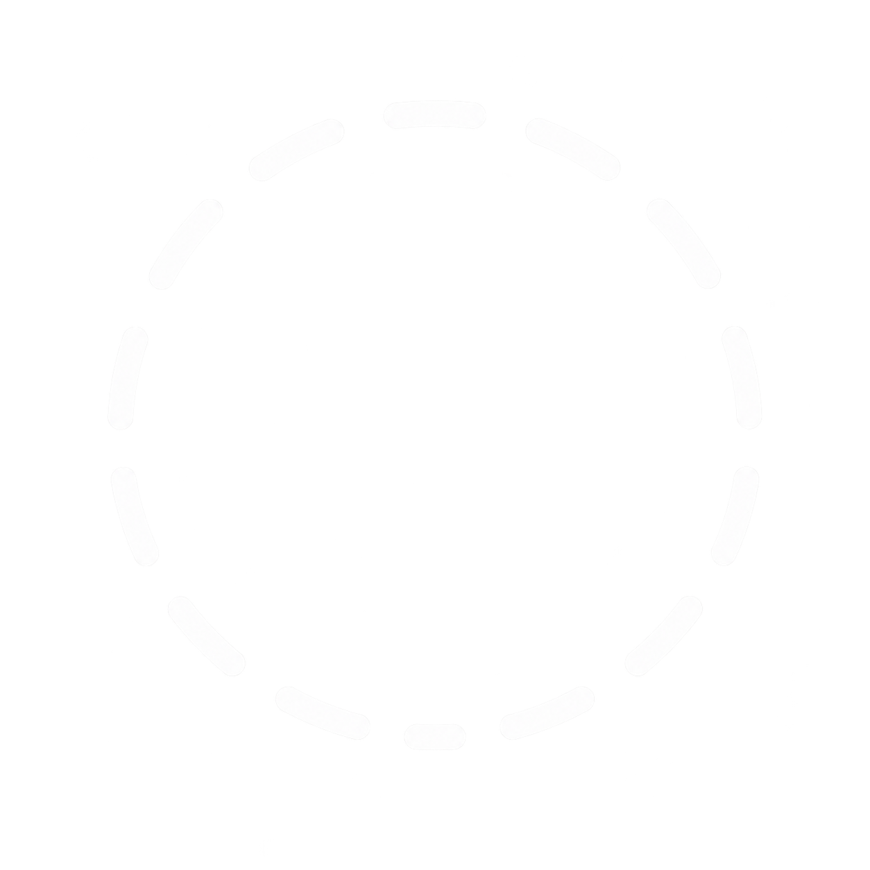 An illustration of a circular dashed line, with the dashes evenly spaced around the circle.