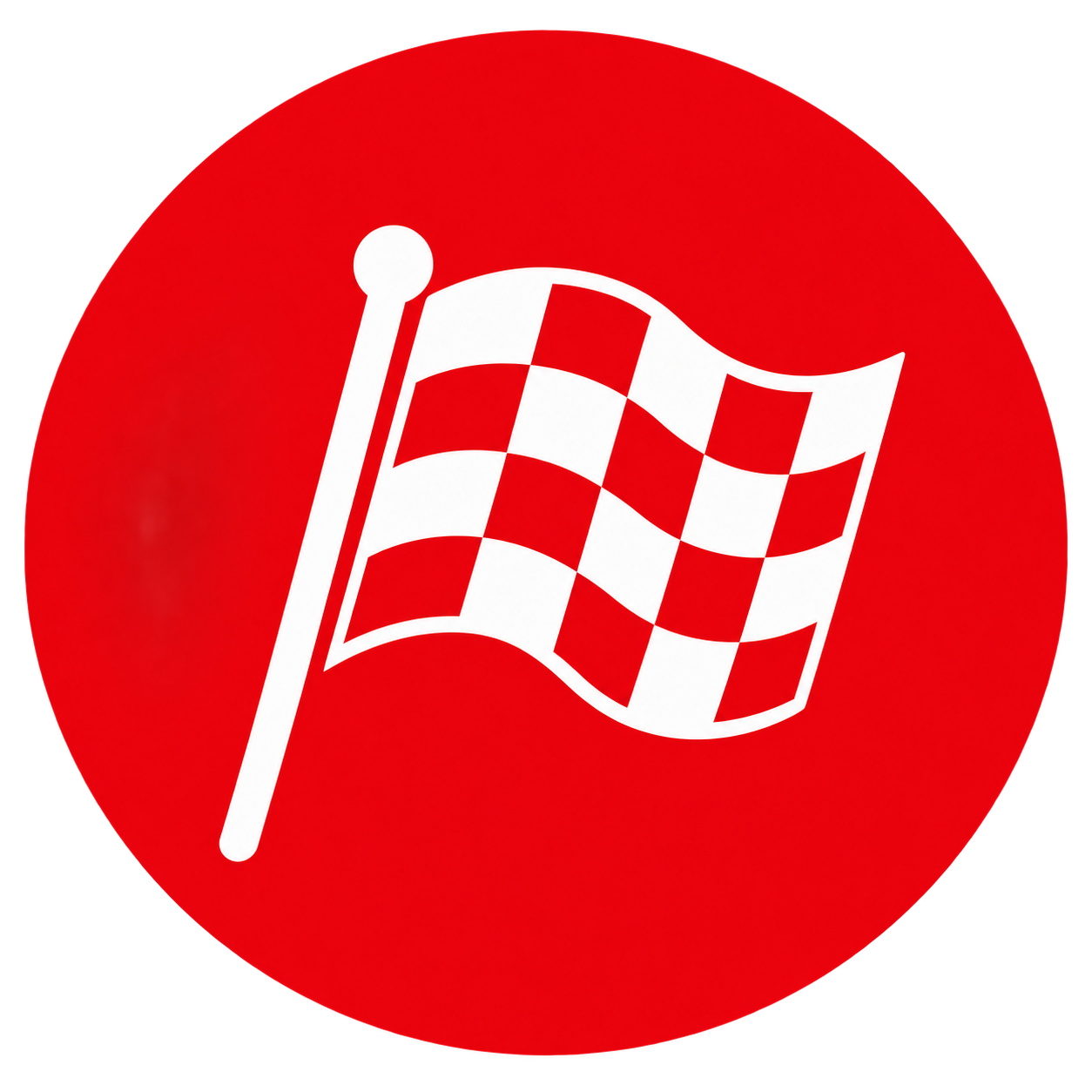 Red circular button with white checkered racing flag icon.
