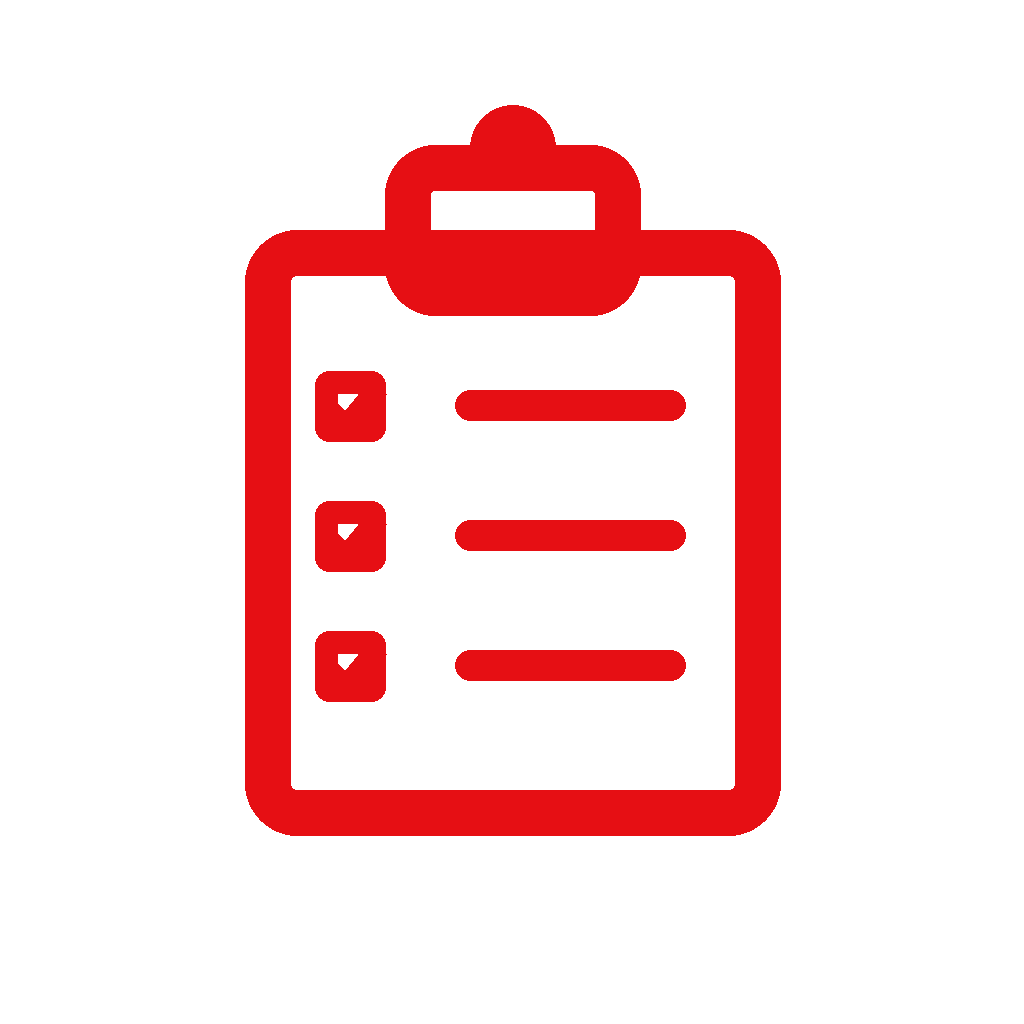 Red clipboard with checklist icons on a black background.