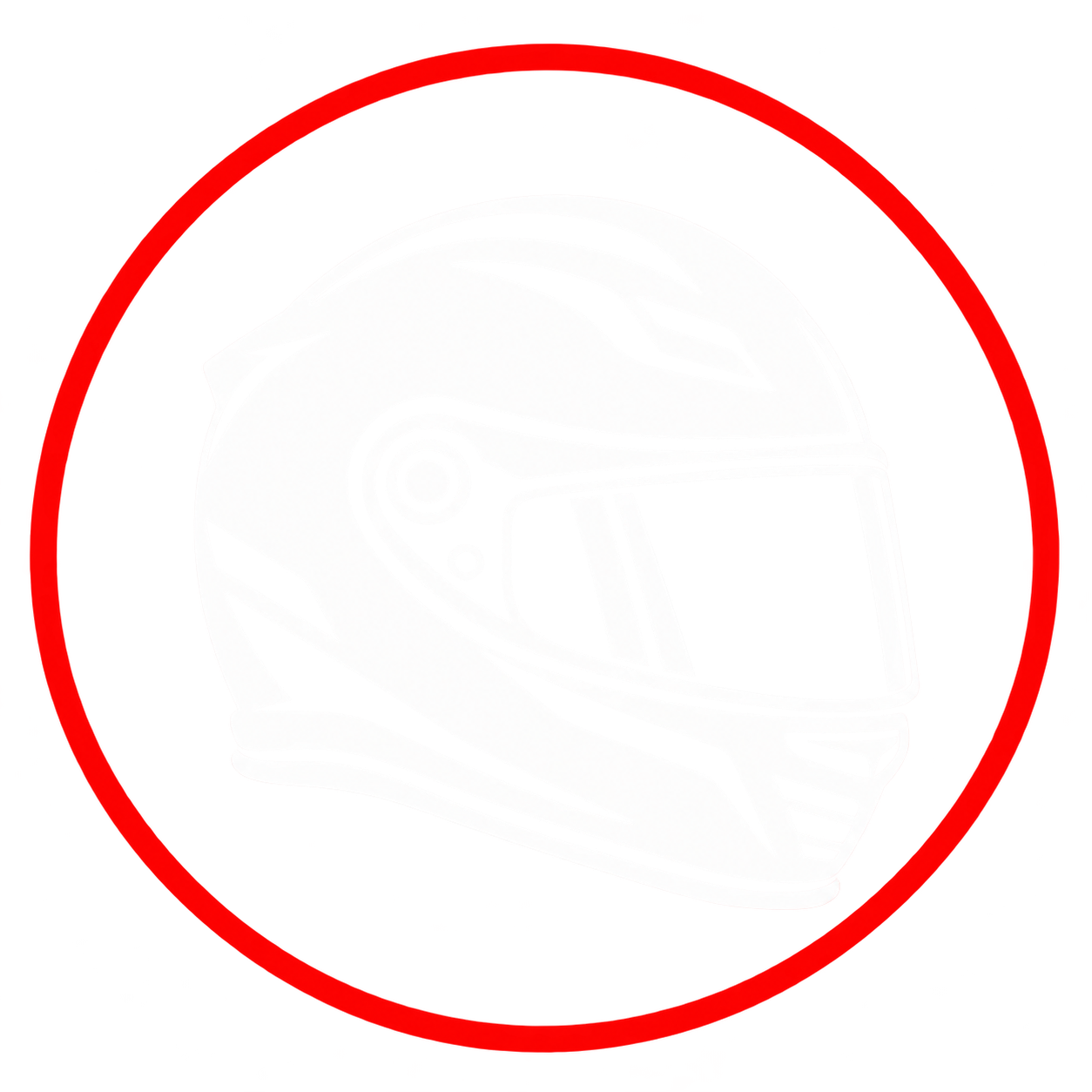 Outline of a motorcycle helmet on a red circular background.