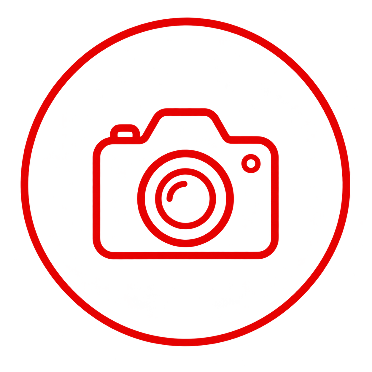 Red camera icon inside a red circle.