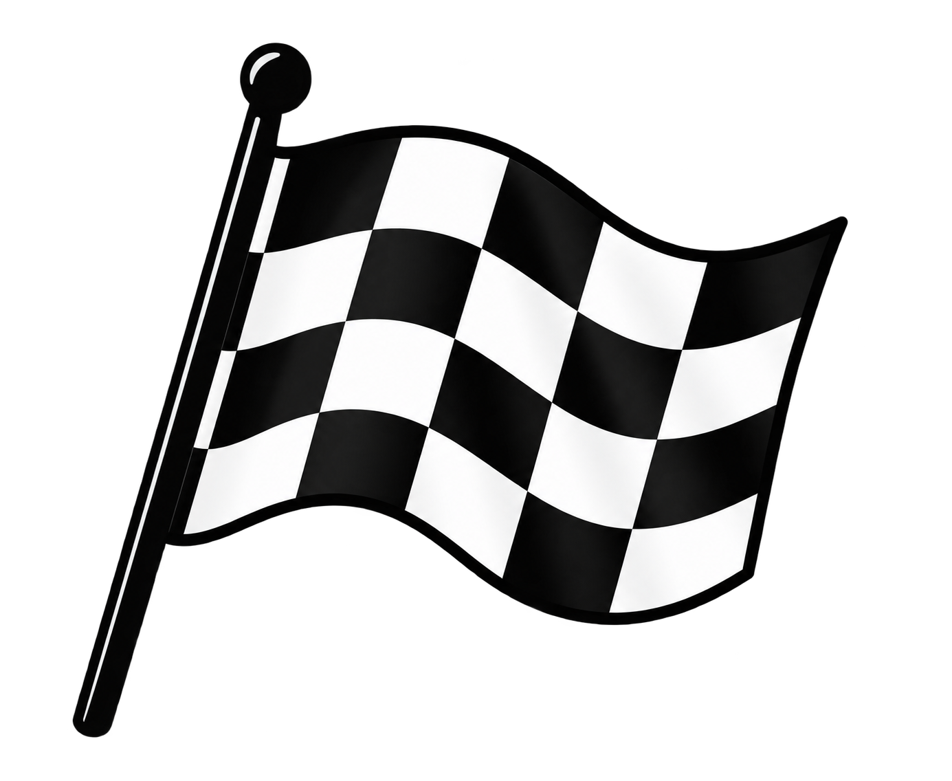 Black and white checkered racing flag waving on a pole against a black background.