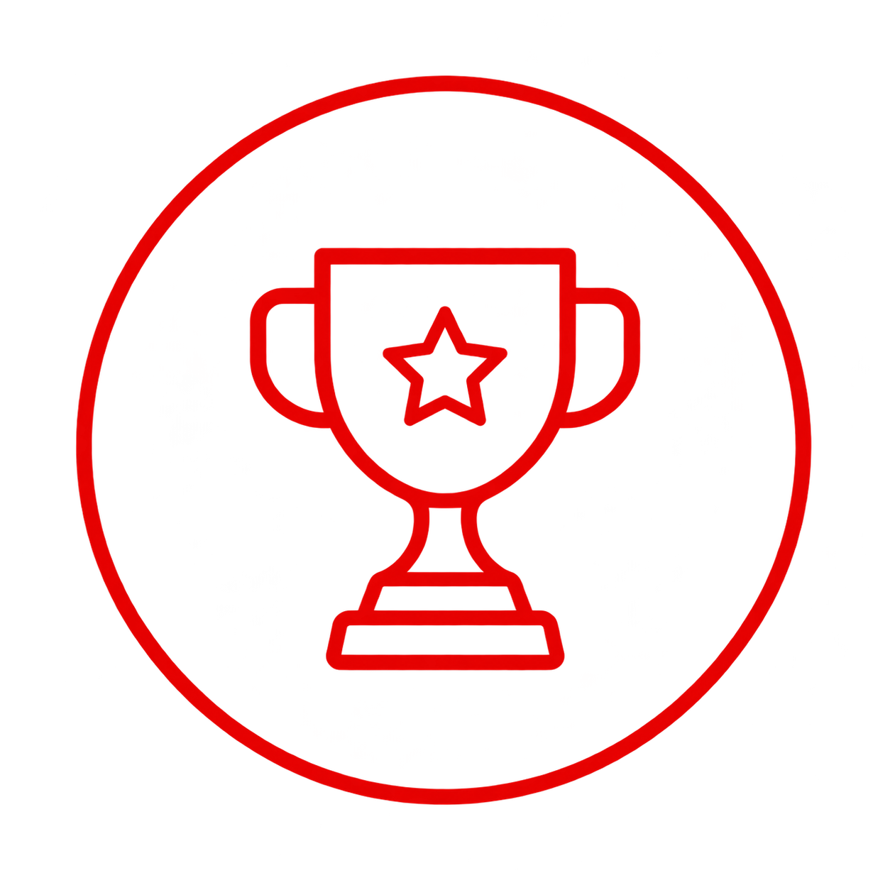Red circle with a trophy in the center, featuring a star and two hands holding the trophy up