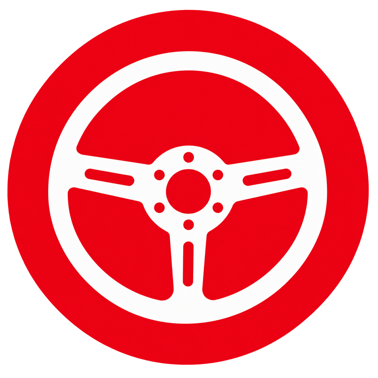 Red circular sign with a white steering wheel symbol in the center.
