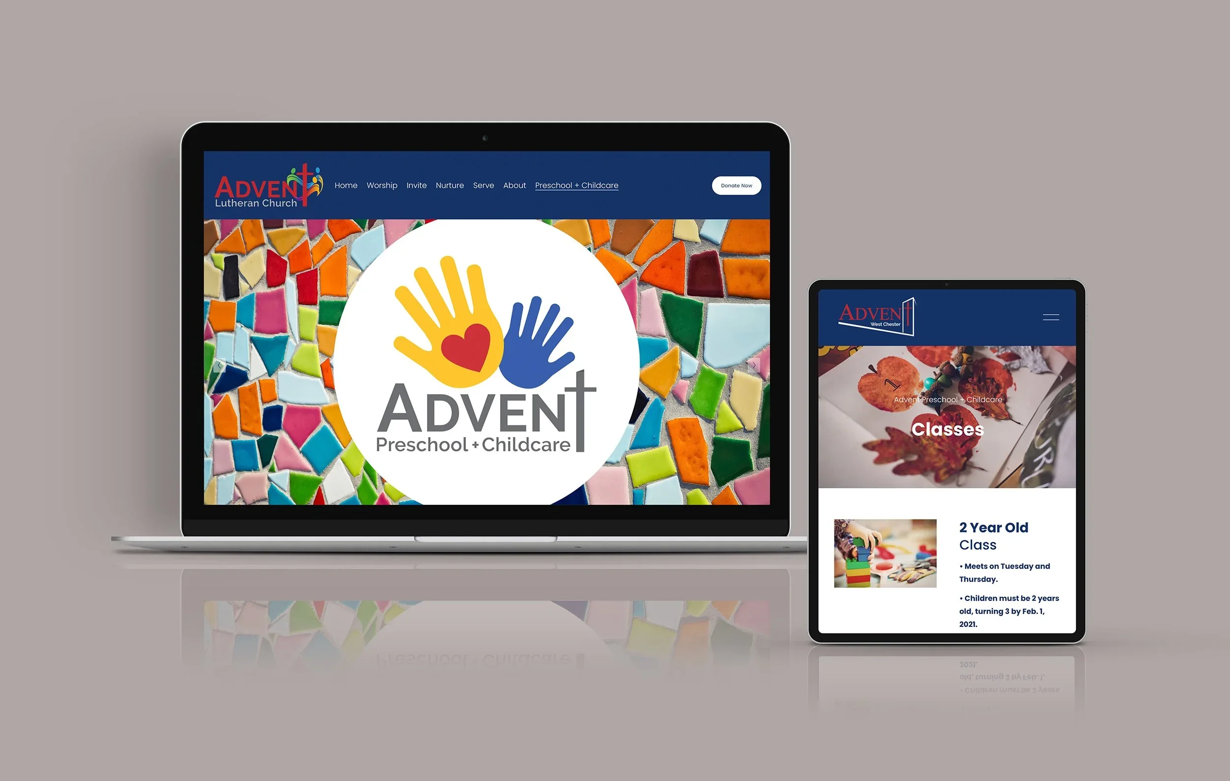 Laptop and tablet displaying the Advent Lutheran Church preschool and childcare website with colorful mosaic background and information about classes for 2-year-olds.