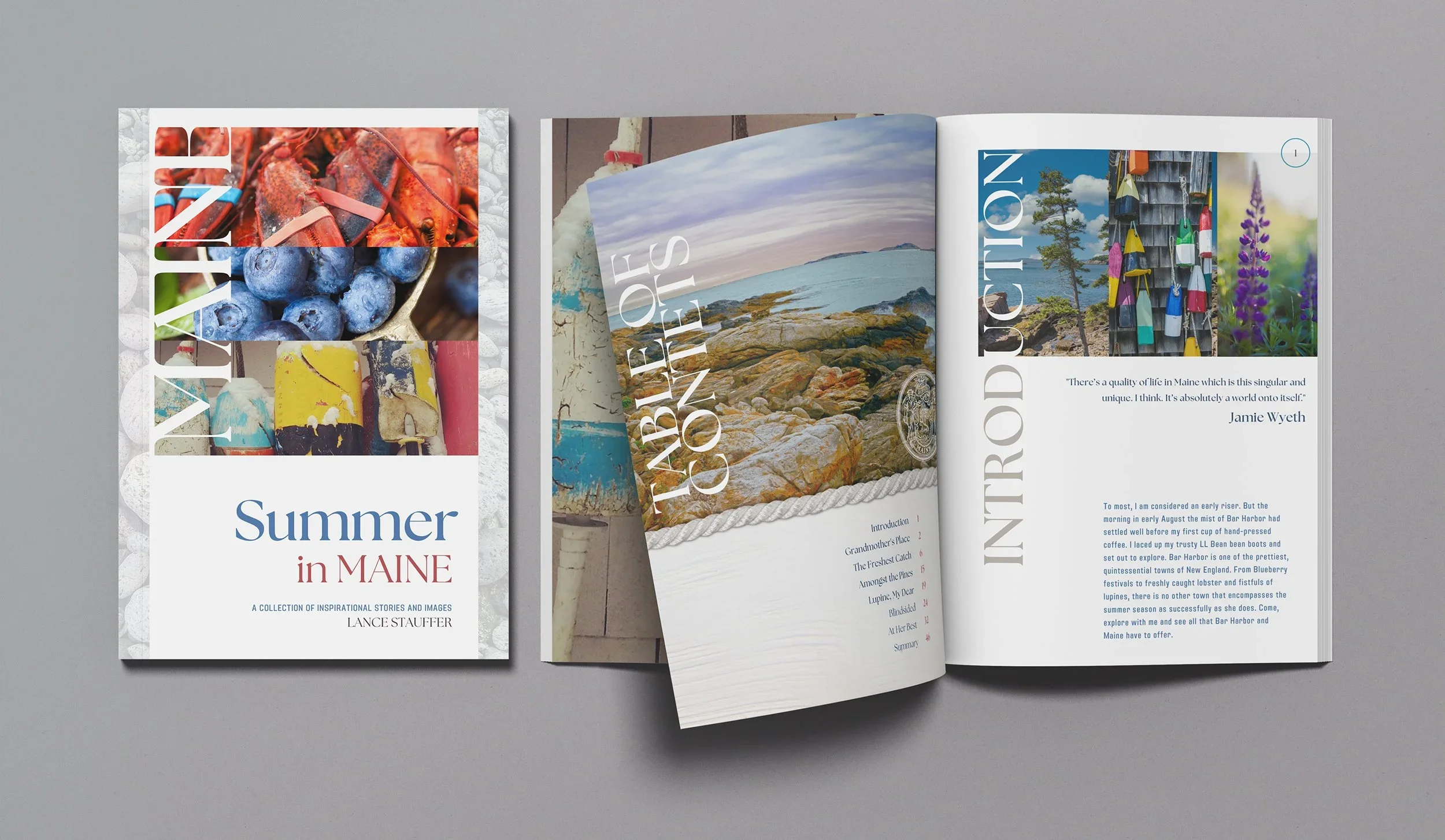 Editorial magazine spread featuring Summer in Maine coastal photography