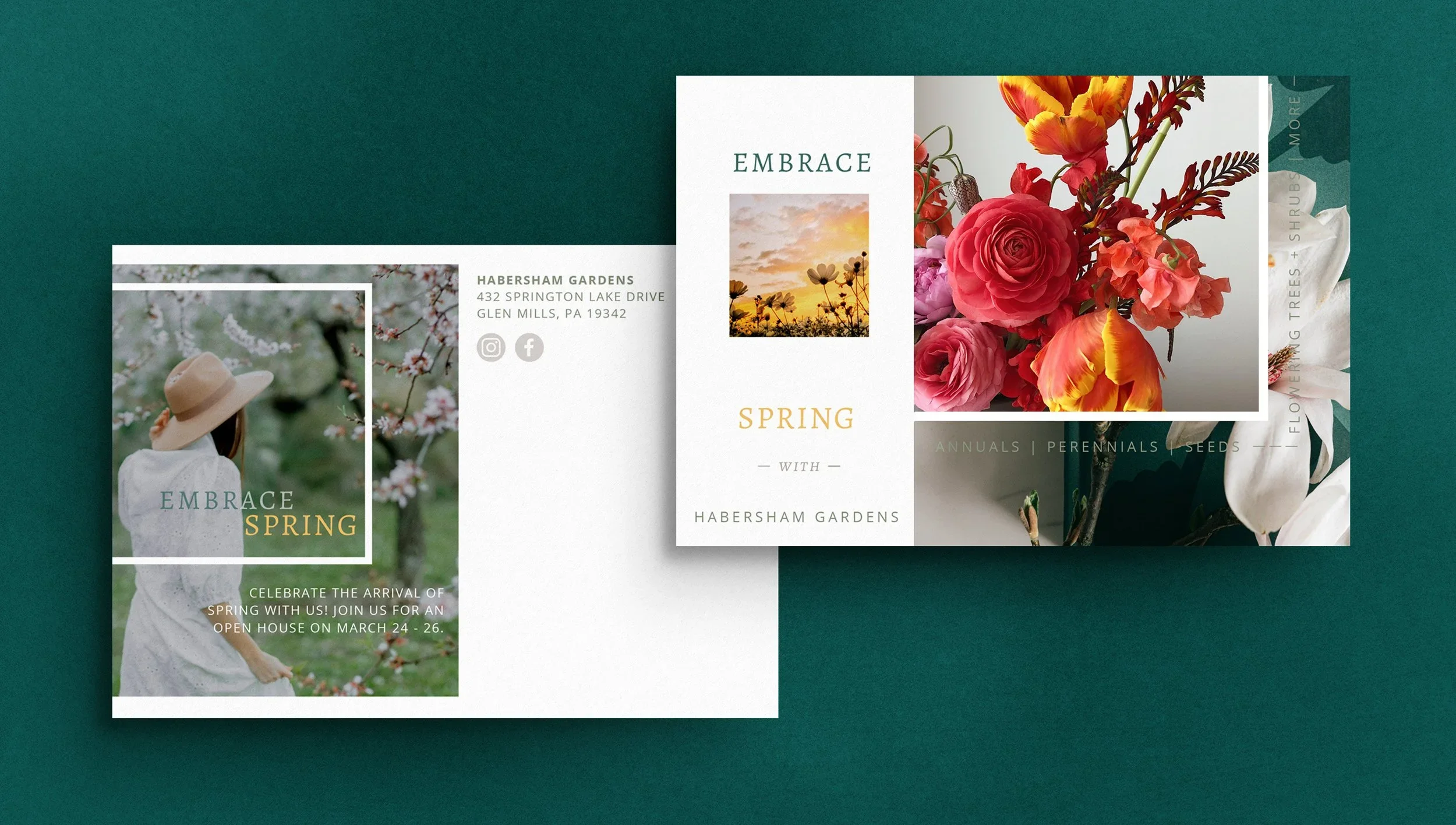 A spring-themed flyer or brochure with floral images, including roses and other flowers, and text promoting spring events at Habersham Gardens, featuring a sunset or sunrise scene and a woman in a hat among flowering trees.