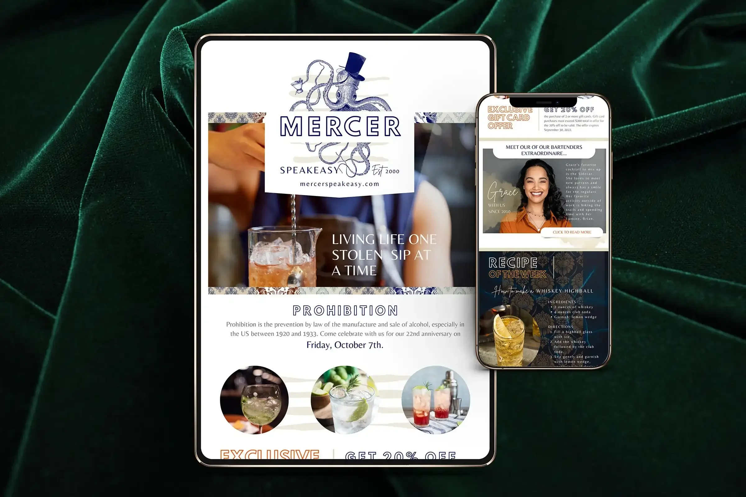 Smartphone screens displaying a website for Mercer Speakeasy, featuring images of cocktails, a bartender, and promotional offers, resting on a green velvet fabric background.