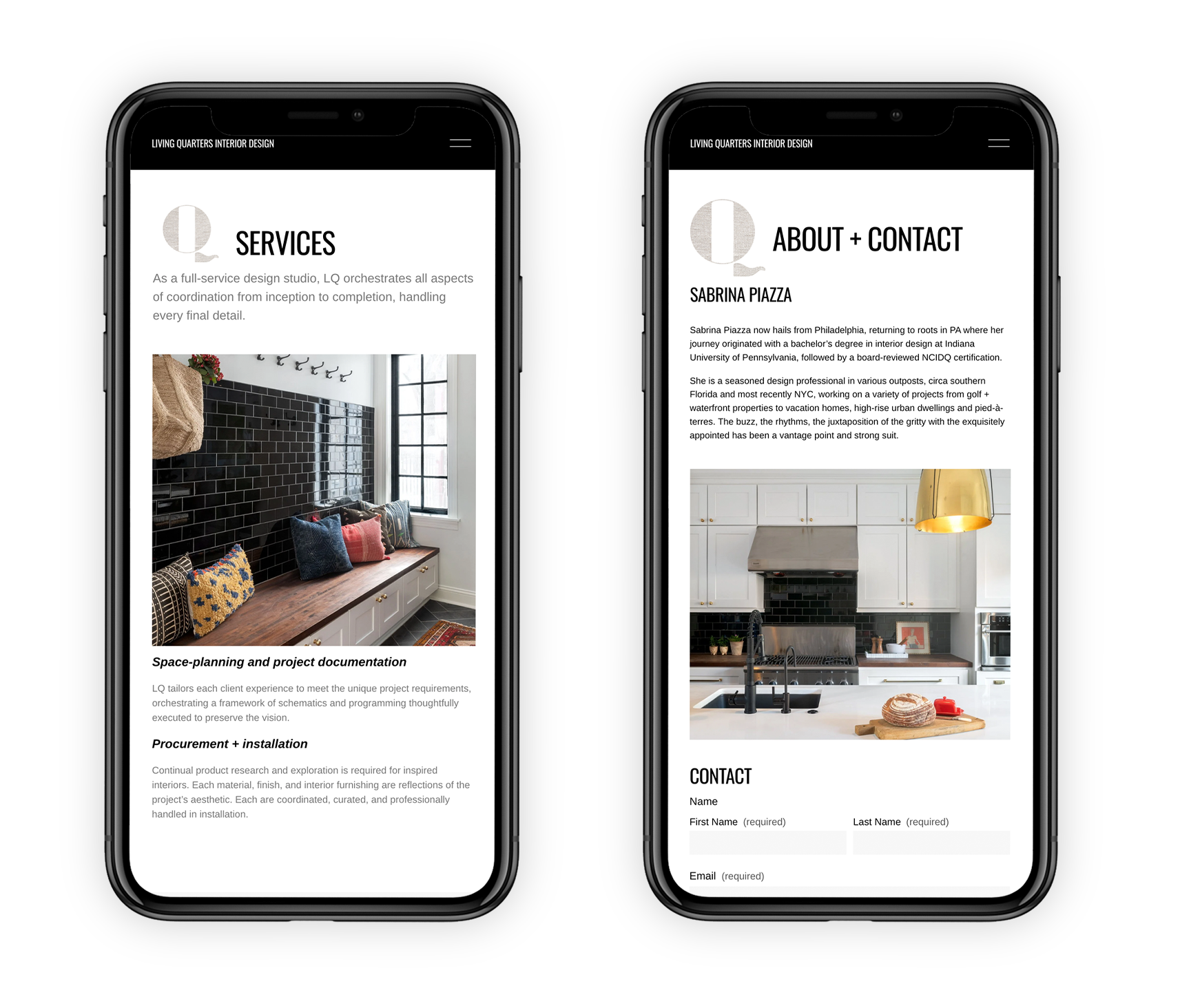 Living Quarters Interior Design Website Mobile View