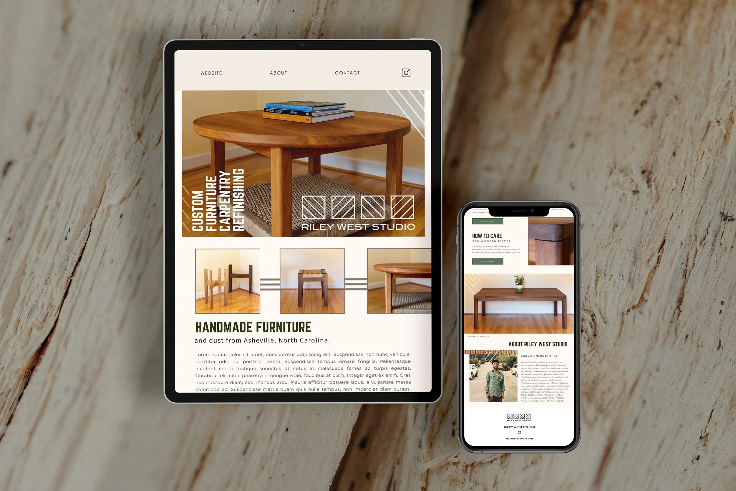 Multiple devices displaying a website for a furniture studio on a wooden surface.