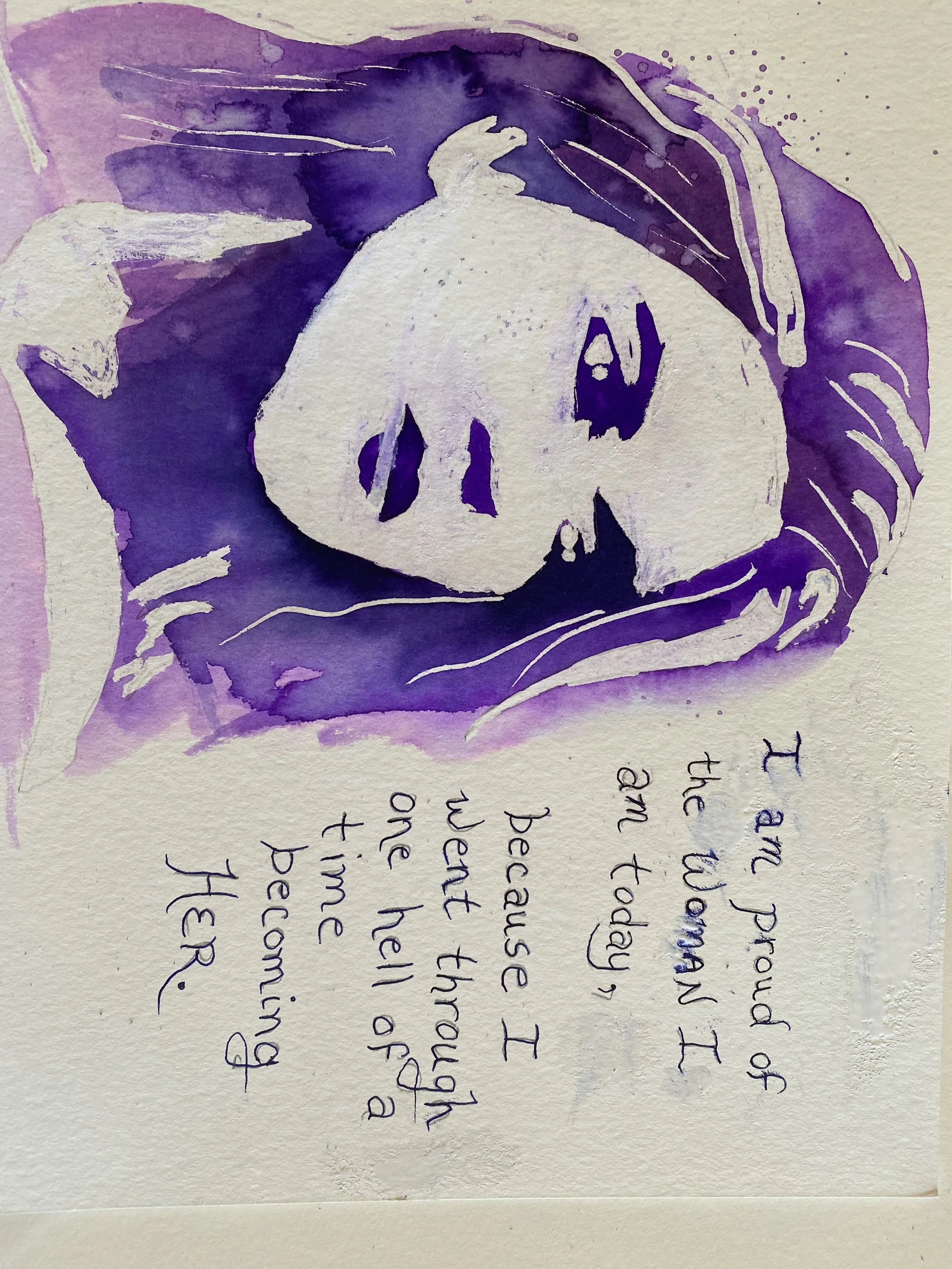 Watercolor painting of a white skull with purple shading around it, on textured paper, with handwritten cursive text below.