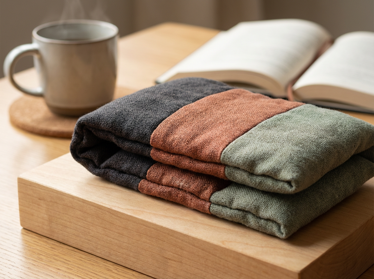 Stacked folded multicolored towels on a wooden surface, with open book and mug in the background.