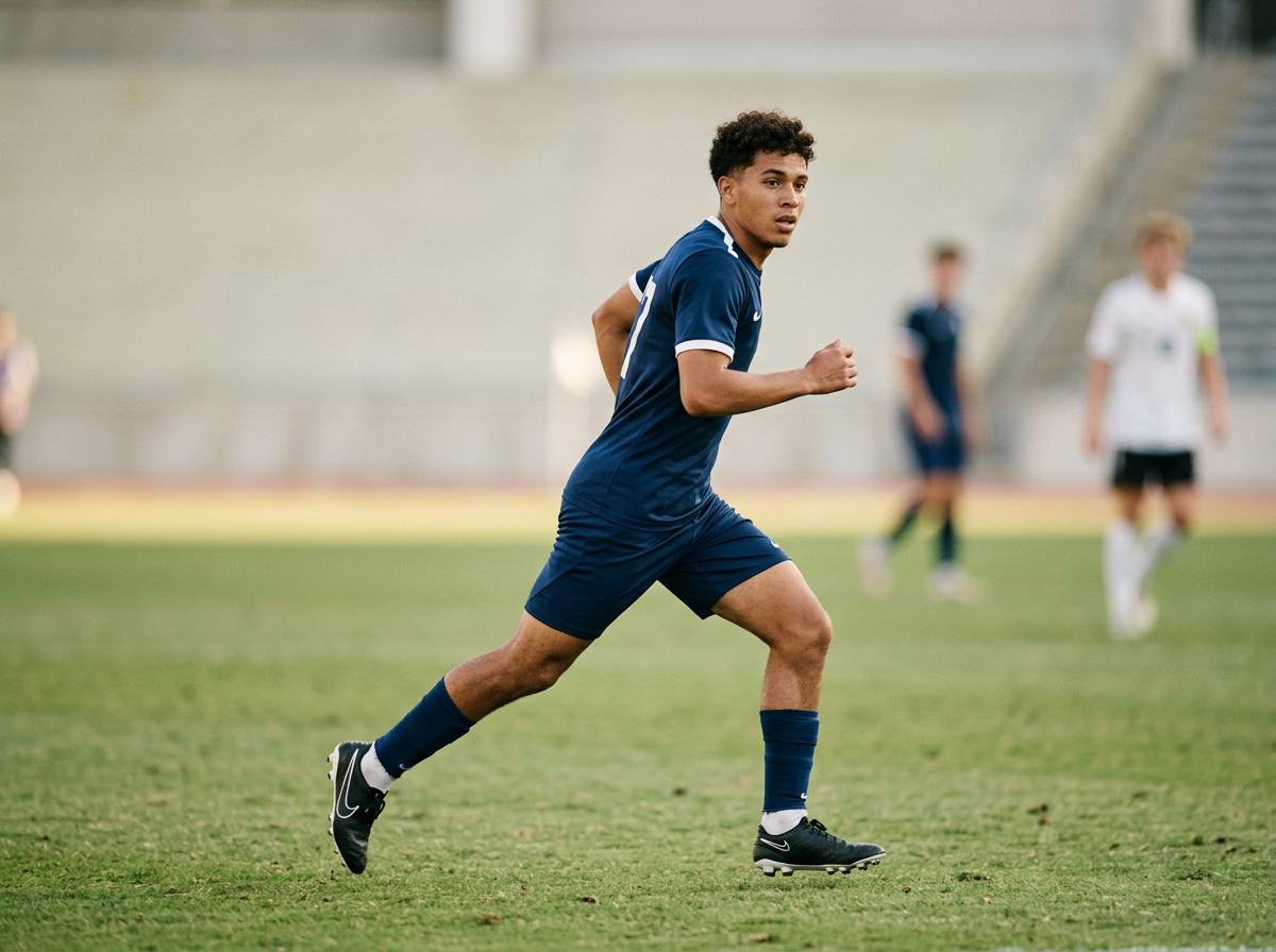 A young male soccer player in a blue uniform runs on a soccer field, with other players in the background.