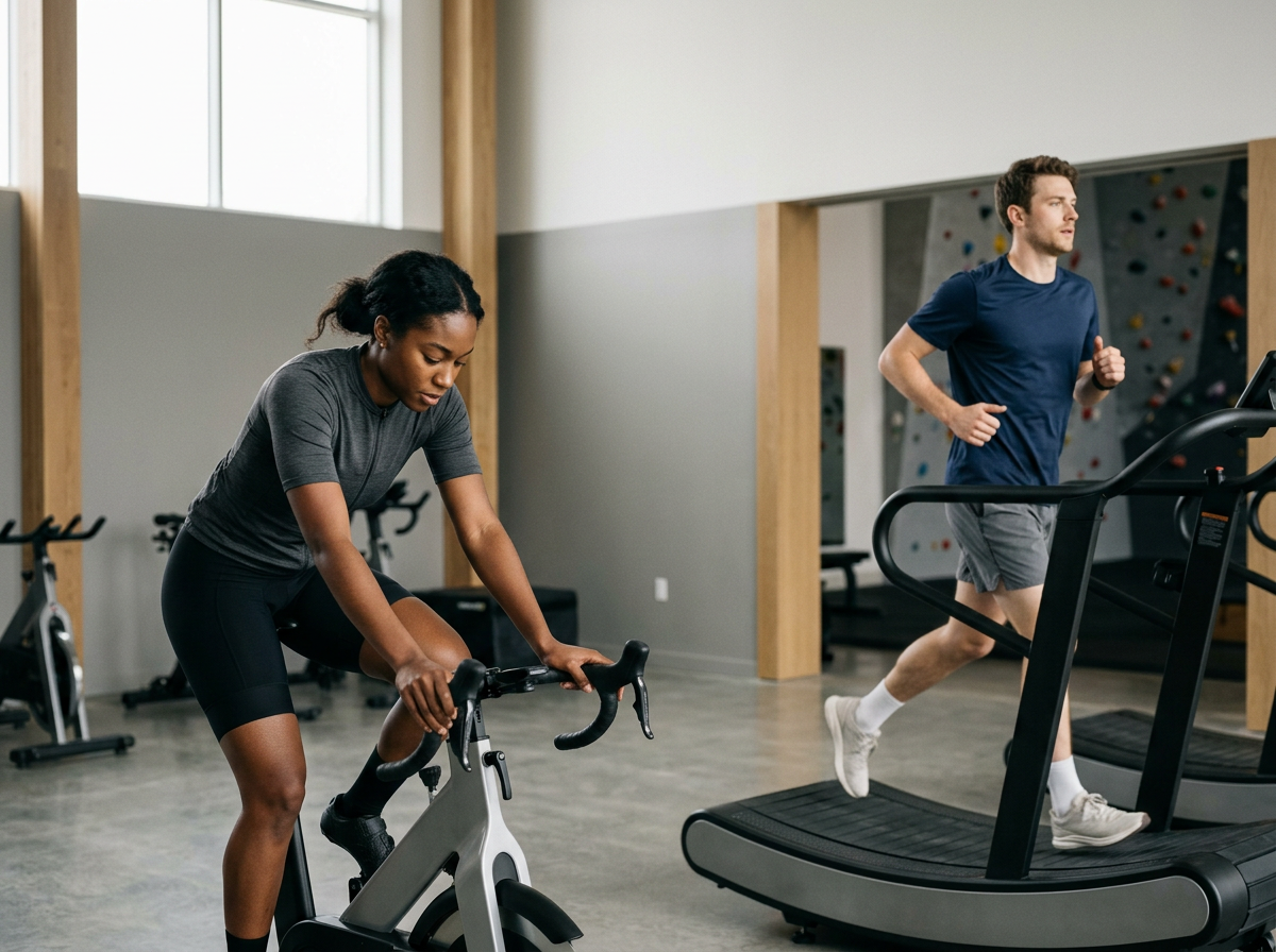 Woman on a stationary bike and man jogging on a treadmill in a gym.