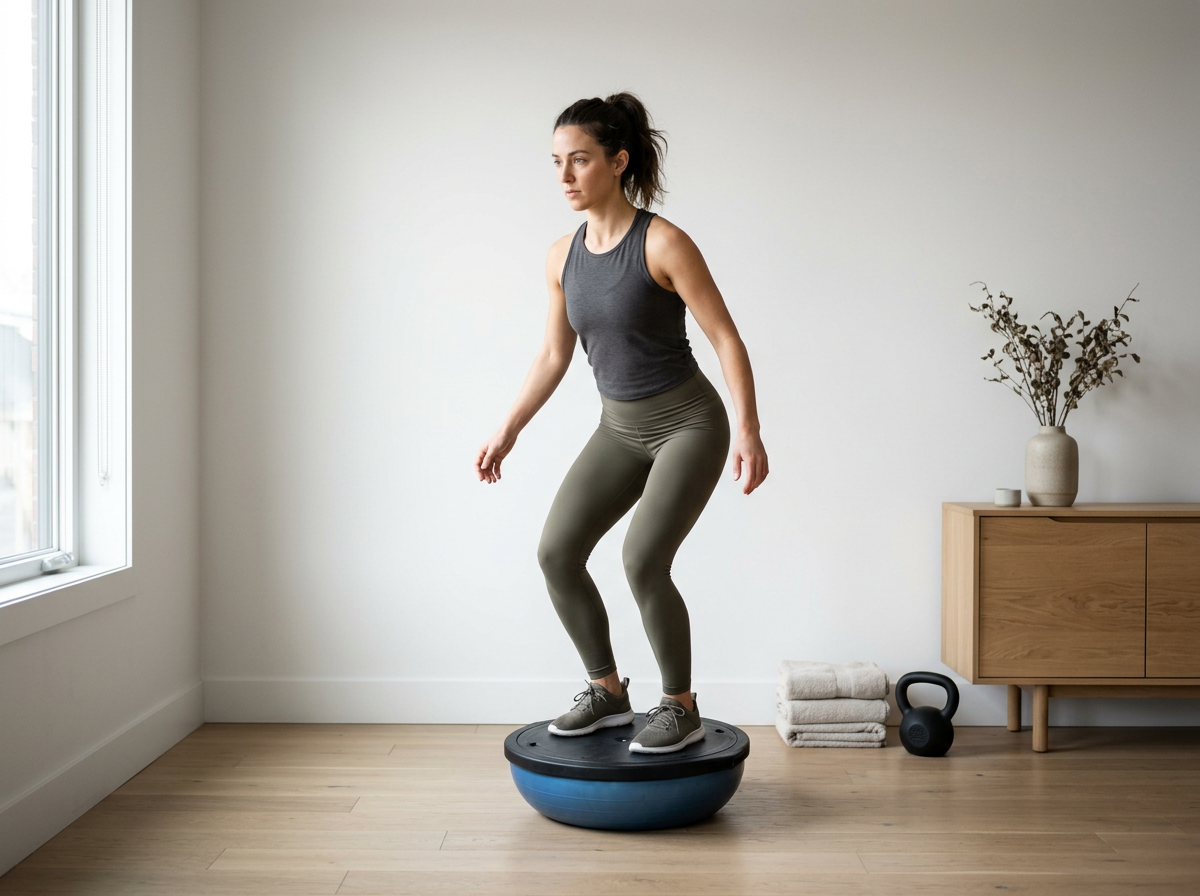 A woman balance training on a Bosu ball inside a minimalist room with wooden flooring and a side cabinet with folded towels and a kettlebell.